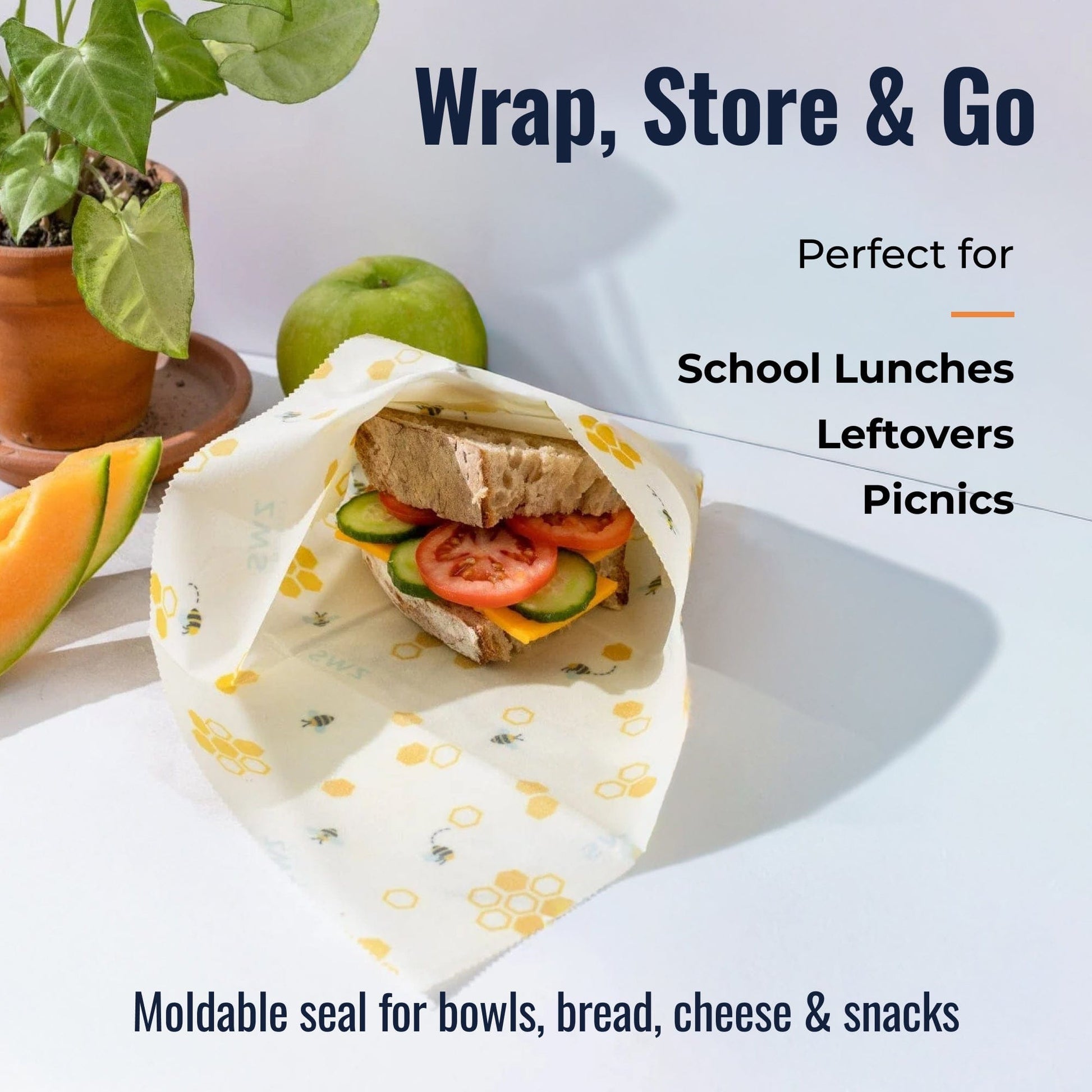 Beeswax food wraps with honeycomb pattern from ZeroWasteStore.com, eco-friendly plastic-free food storage solution.
