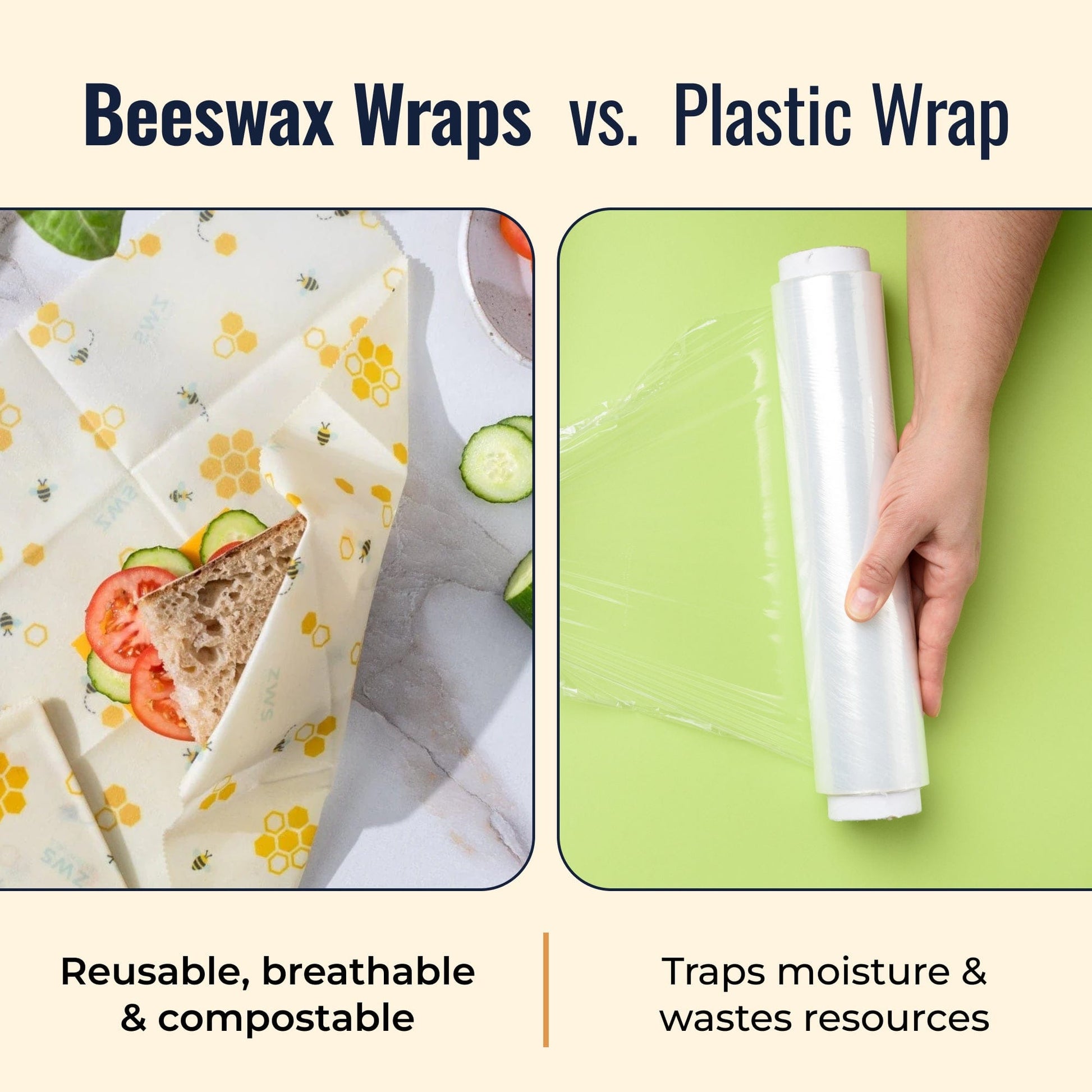 Beeswax wraps with honeycomb pattern, reusable plastic-free food storage wraps from ZeroWasteStore.com, eco-friendly and flexible.