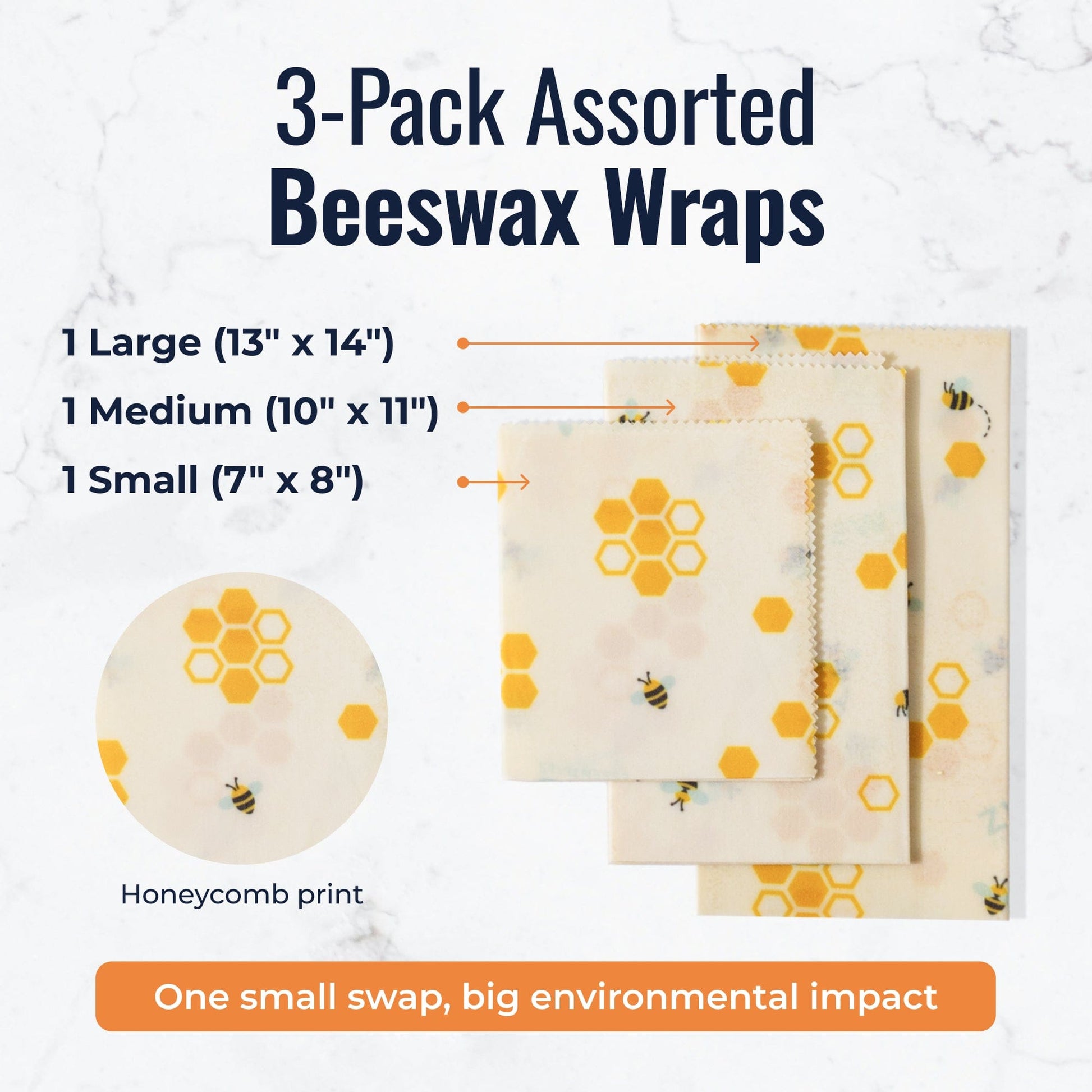 Set of three beeswax food wraps with honeycomb pattern in assorted sizes, eco-friendly plastic-free food storage by ZeroWasteStore.com