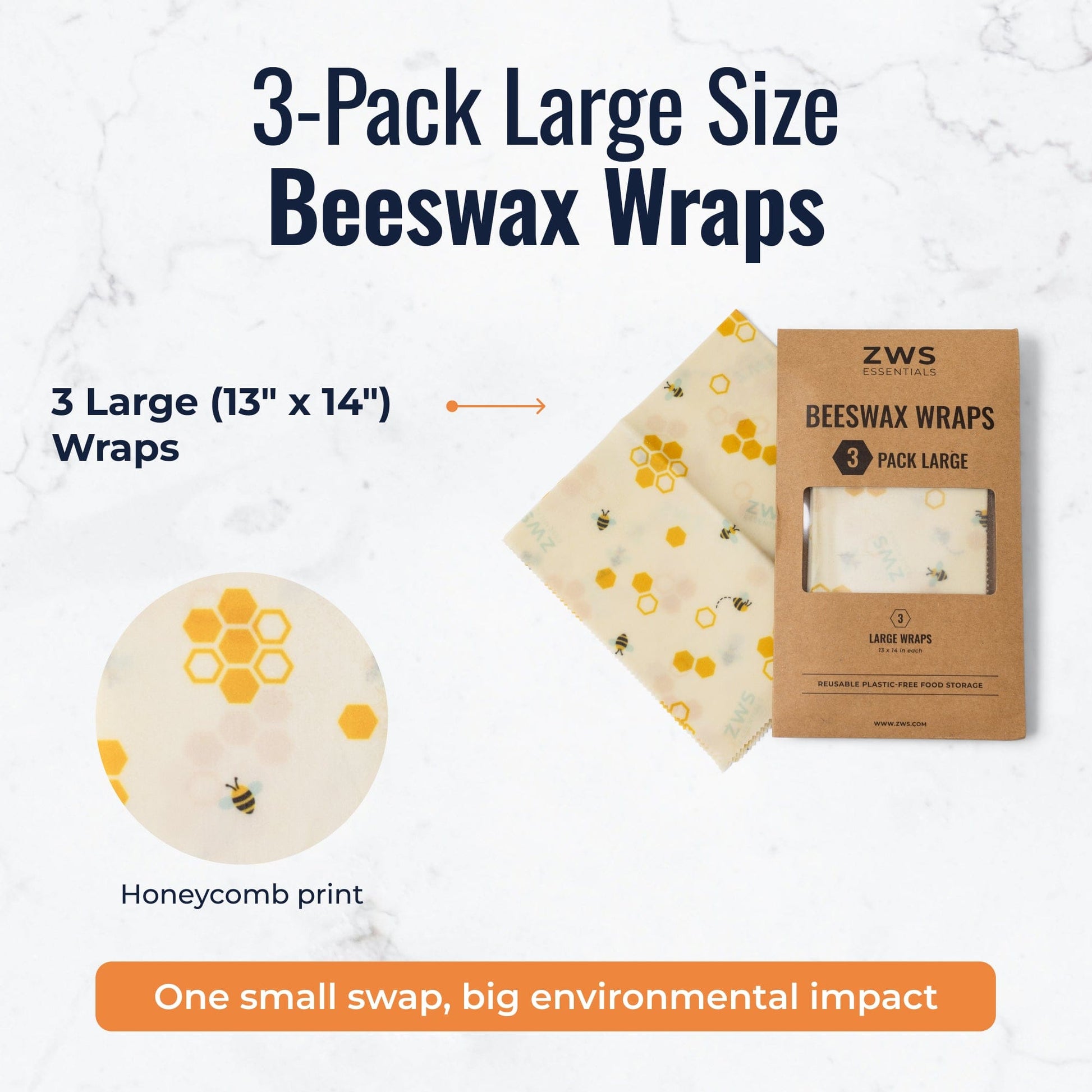 Set of three large beeswax food wraps with honeycomb pattern, plastic-free food storage wraps from ZeroWasteStore.com