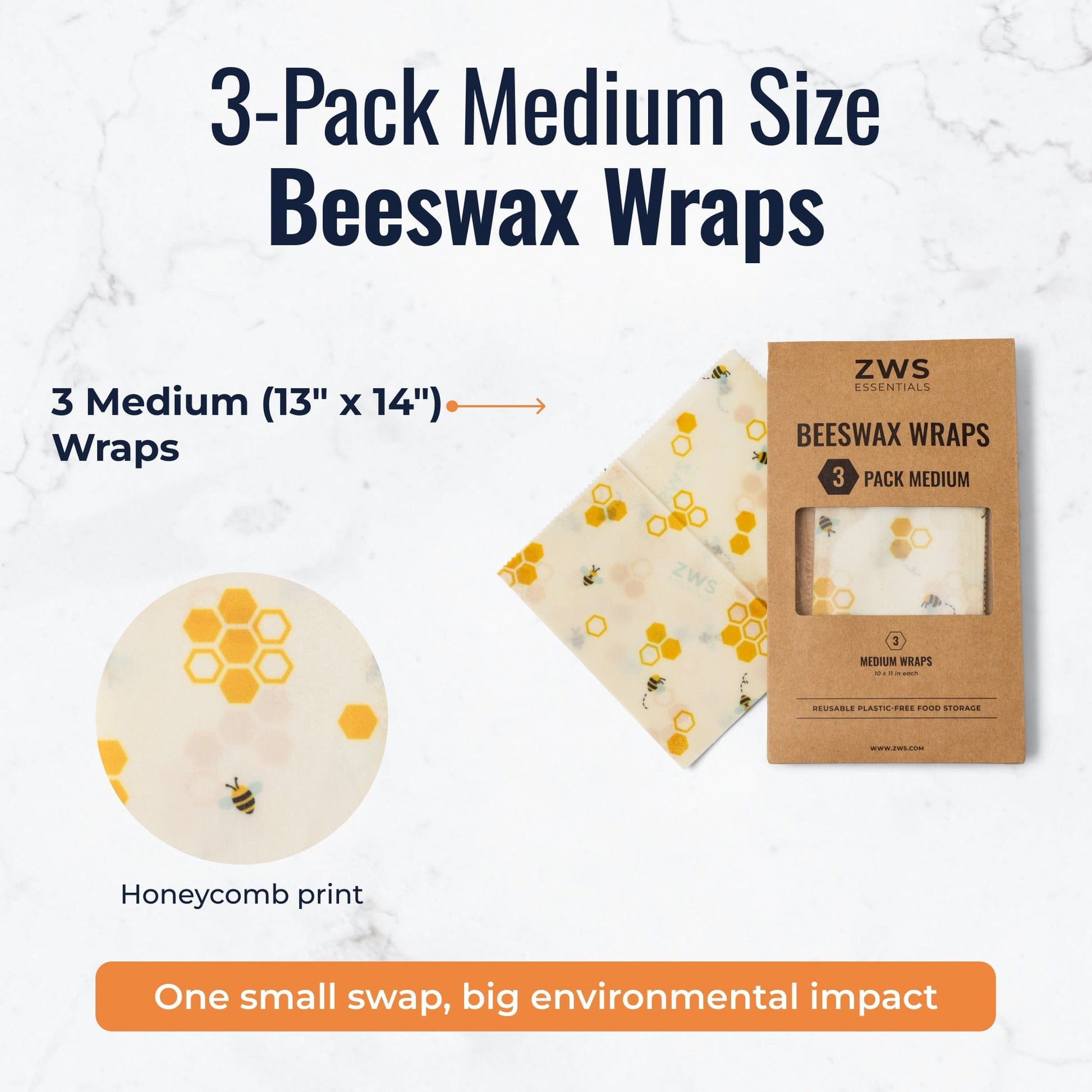 Set of three medium beeswax wraps with honeycomb pattern, plastic-free food storage wraps from ZeroWasteStore.com