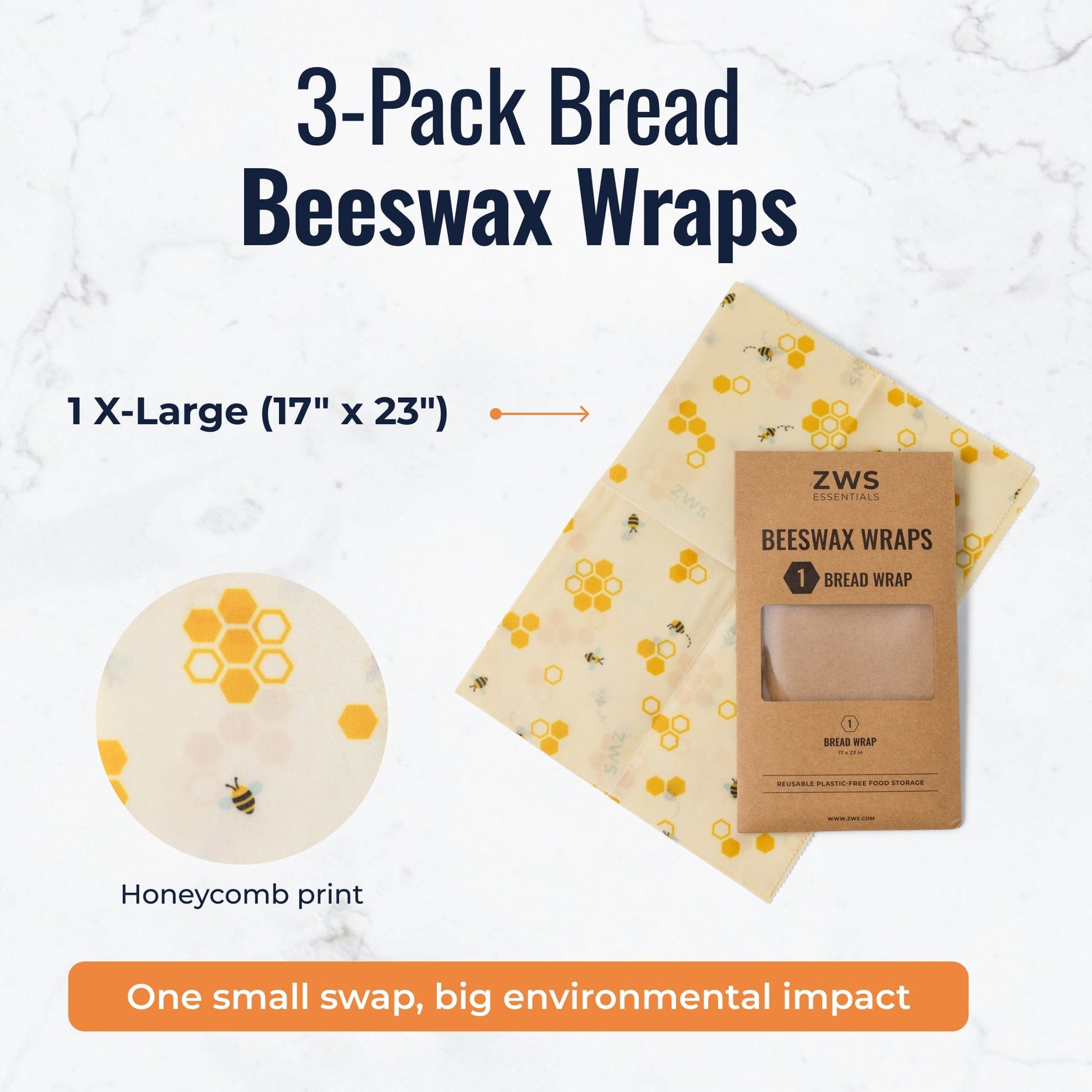 Beeswax wraps with honeycomb pattern from ZeroWasteStore.com, reusable food wraps for plastic-free food storage, bread-sized.