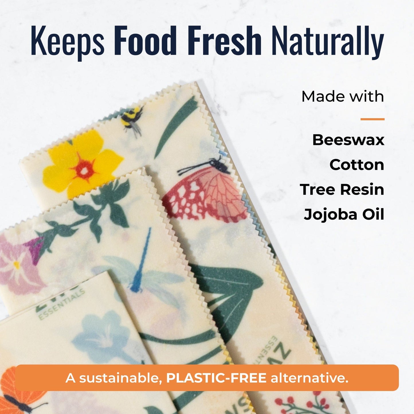 Set of beeswax food wraps with pollinator pattern, reusable plastic-free food storage by ZeroWasteStore.com
