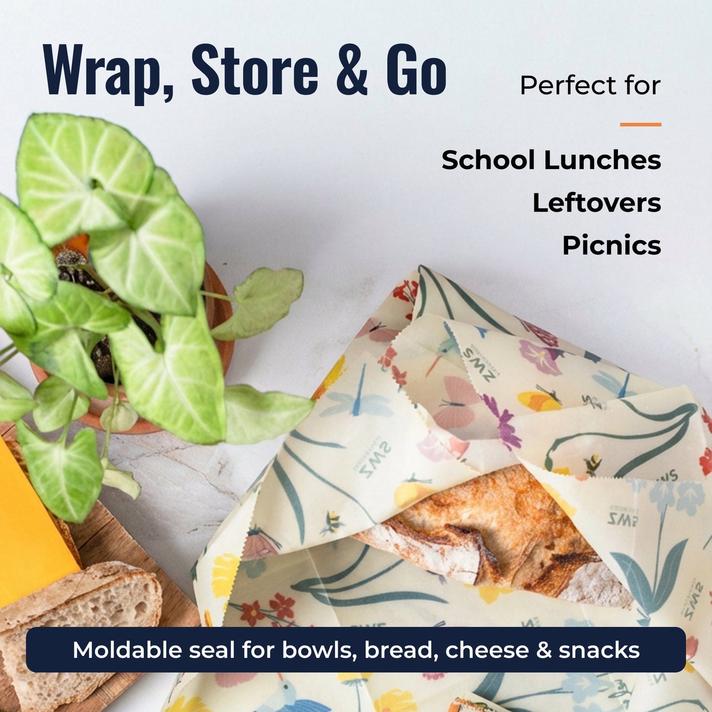 Beeswax wraps with pollinator pattern from ZeroWasteStore.com, reusable plastic-free food storage solution, colorful and eco-friendly.