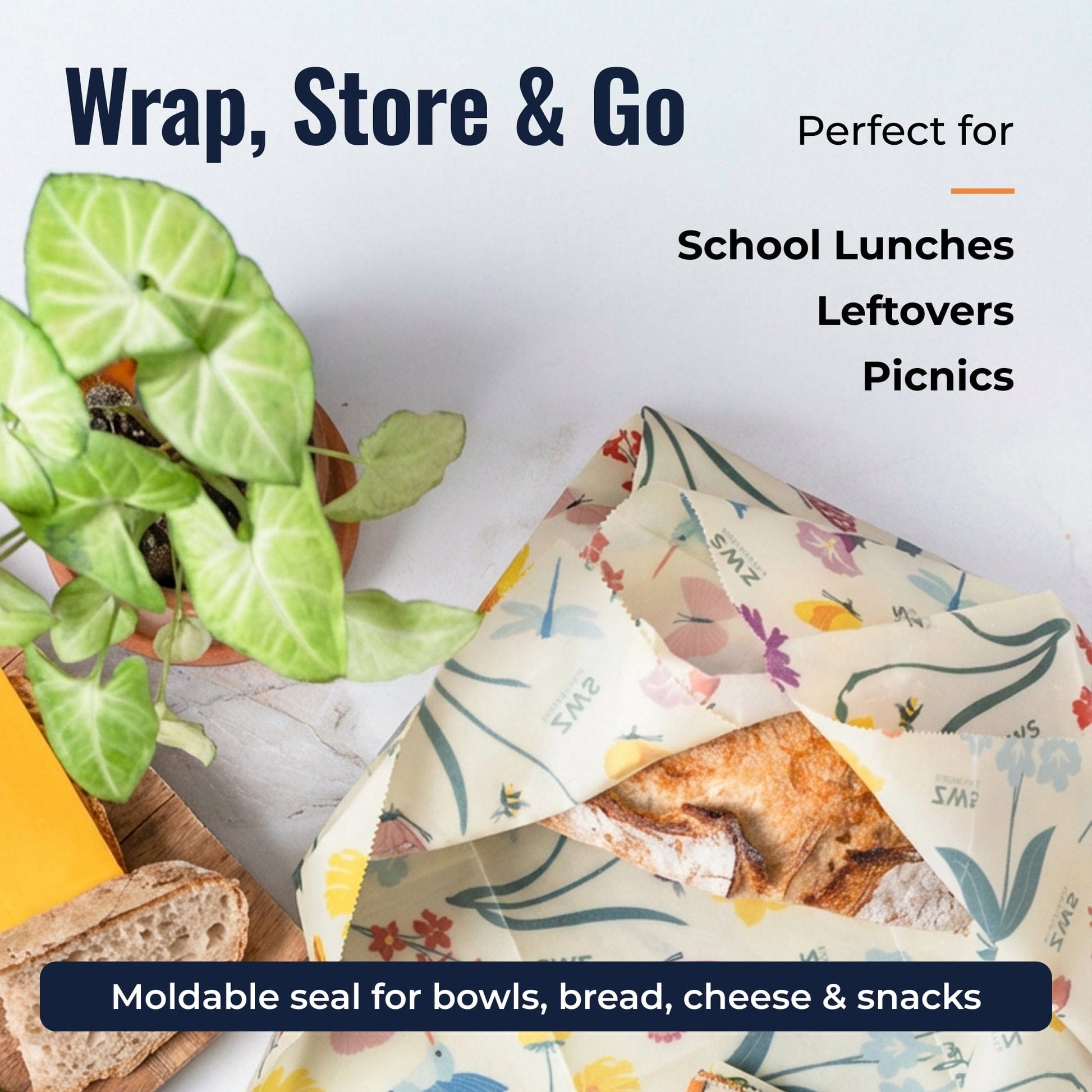 Beeswax wraps with pollinator pattern from ZeroWasteStore.com, reusable plastic-free food storage solution, colorful and eco-friendly.