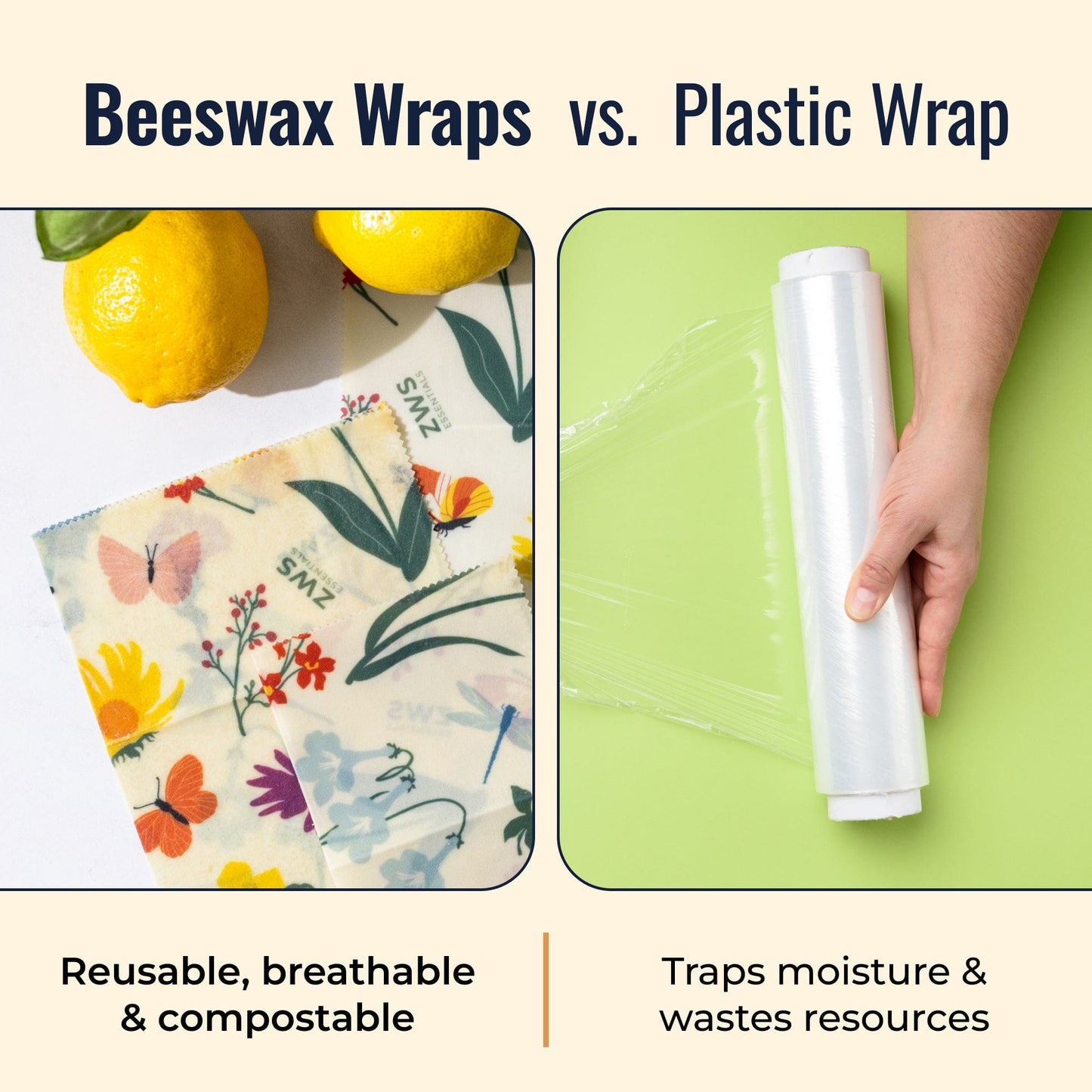 Beeswax wraps with pollinator pattern from ZeroWasteStore.com, reusable plastic-free food storage wraps on a white background.