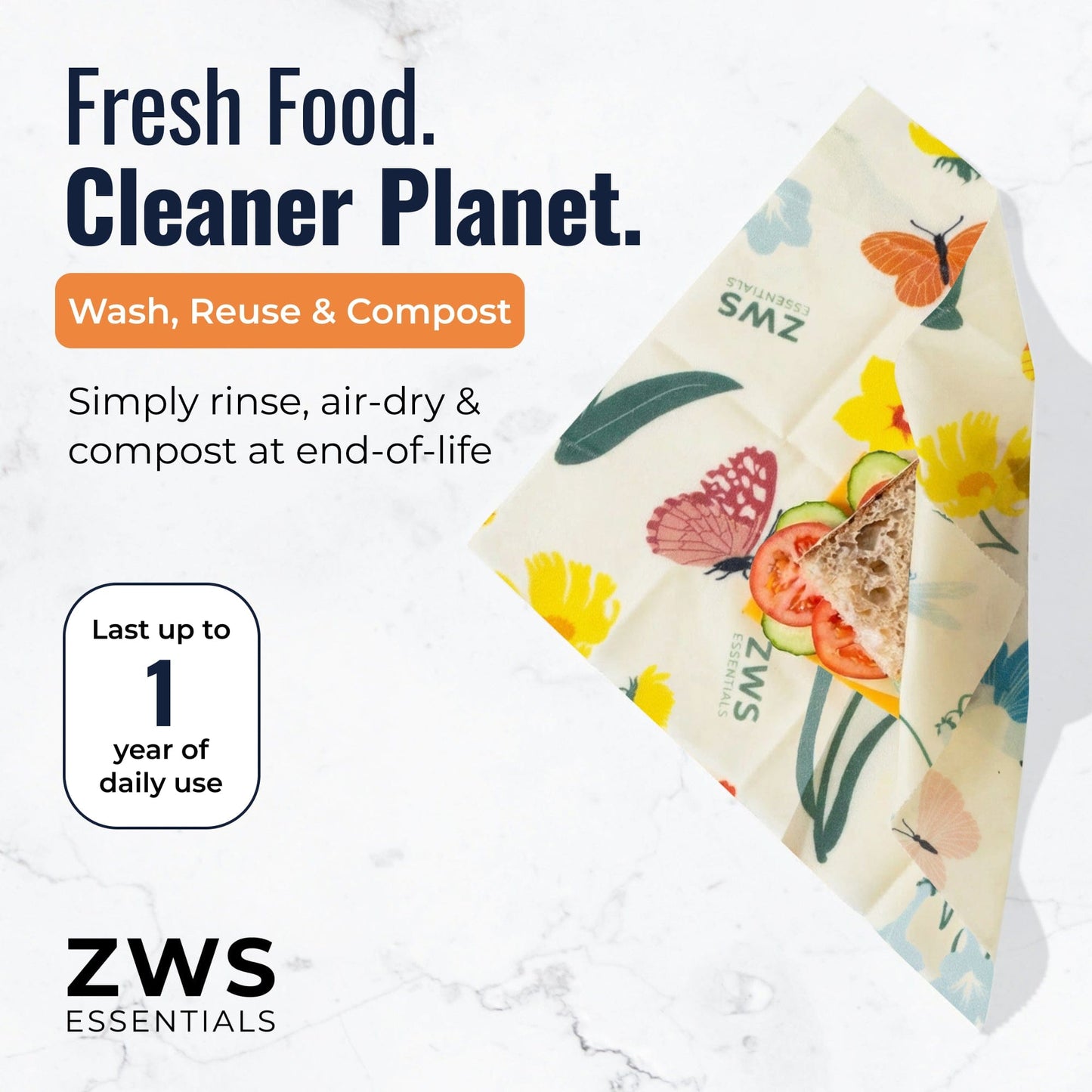 Beeswax wraps from ZeroWasteStore.com in Pollinators pattern, reusable plastic-free food wraps for eco-friendly food storage.