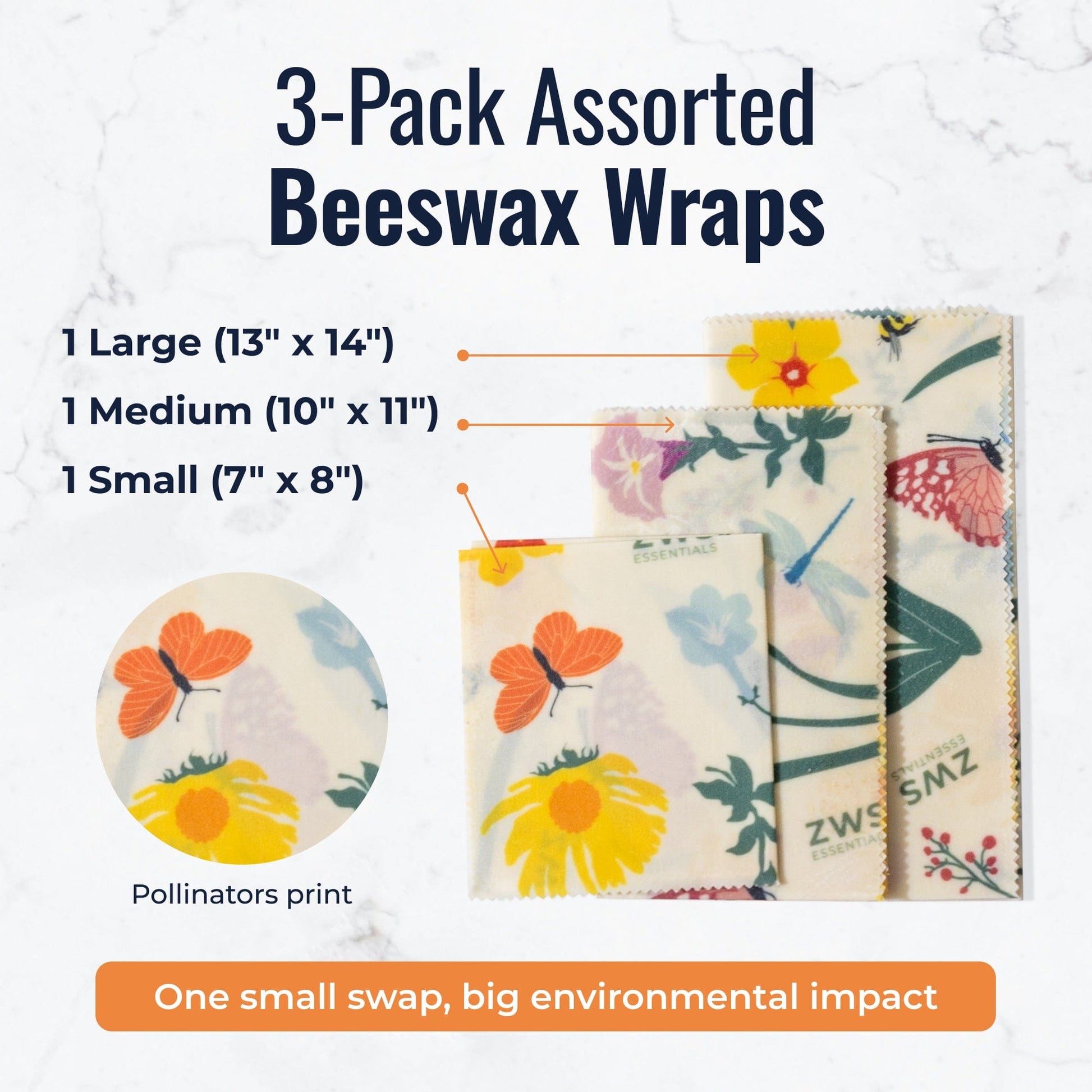 Assorted beeswax wraps from ZeroWasteStore.com in Pollinators pattern, three-pack of plastic-free food storage wraps.