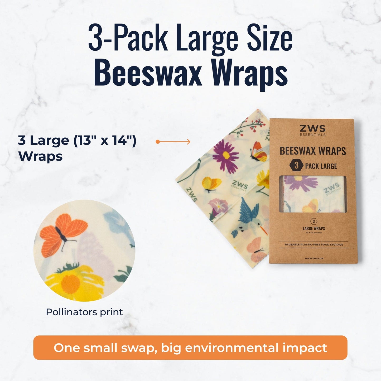 Set of three large beeswax food wraps with pollinator pattern, plastic-free storage solution from ZeroWasteStore.com