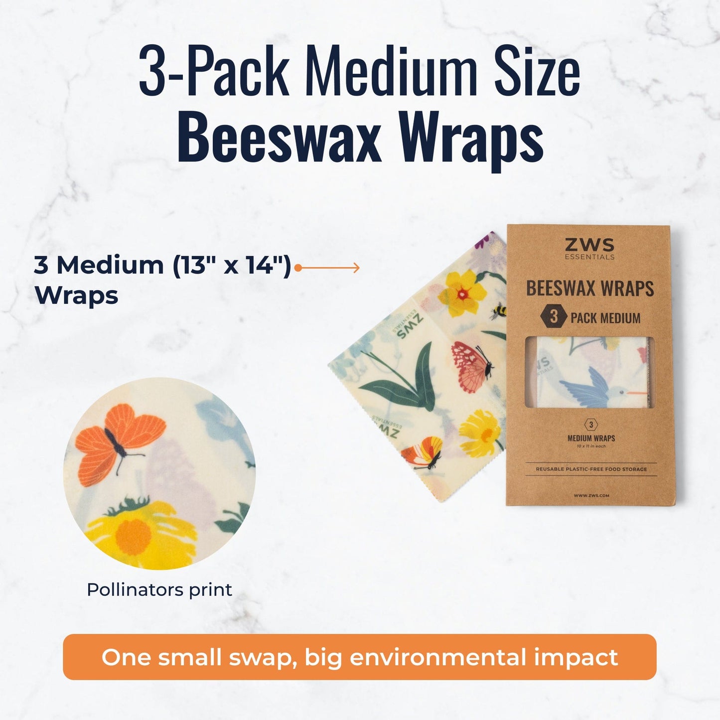 Set of three medium beeswax wraps with pollinator pattern for plastic-free food storage, from ZeroWasteStore.com