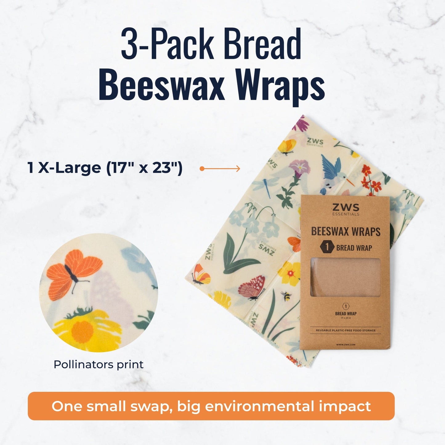 Beeswax wraps by ZeroWasteStore.com with pollinator pattern, bread-sized food wraps for plastic-free food storage.