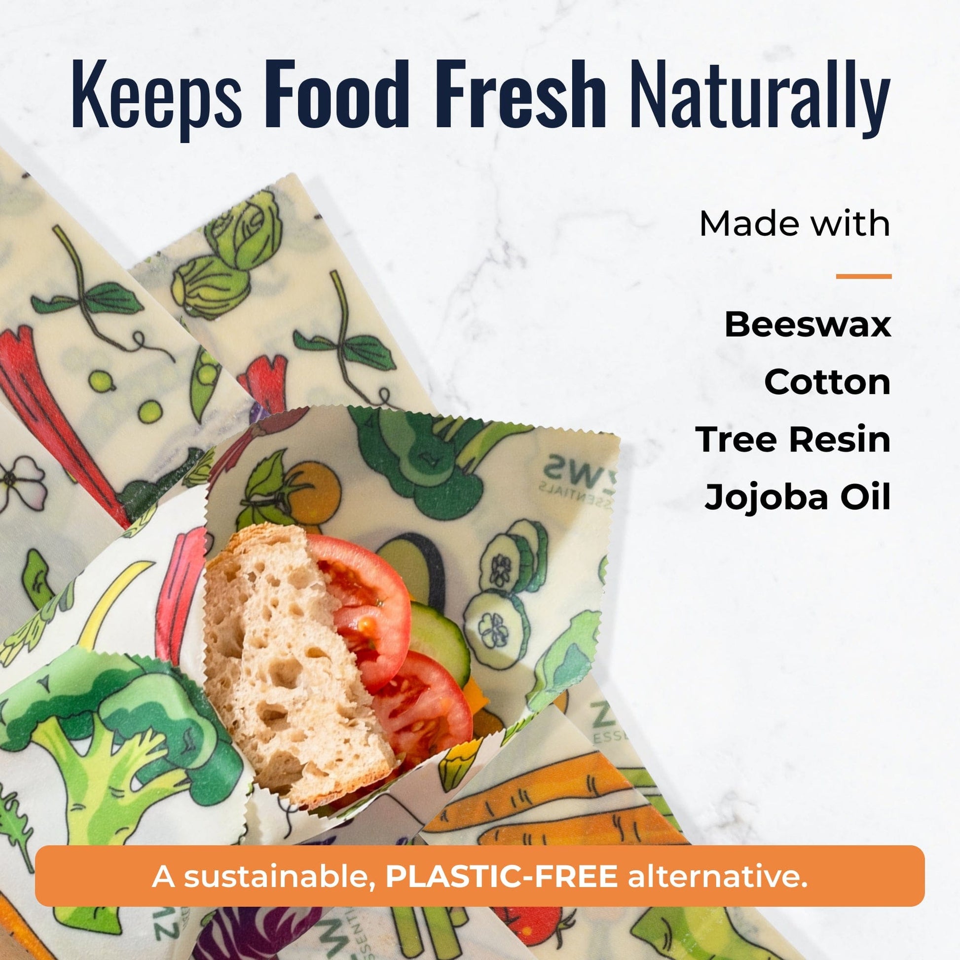 Set of beeswax food wraps with vegetable pattern from ZeroWasteStore.com, showcasing colorful reusable beeswax wraps for food storage.