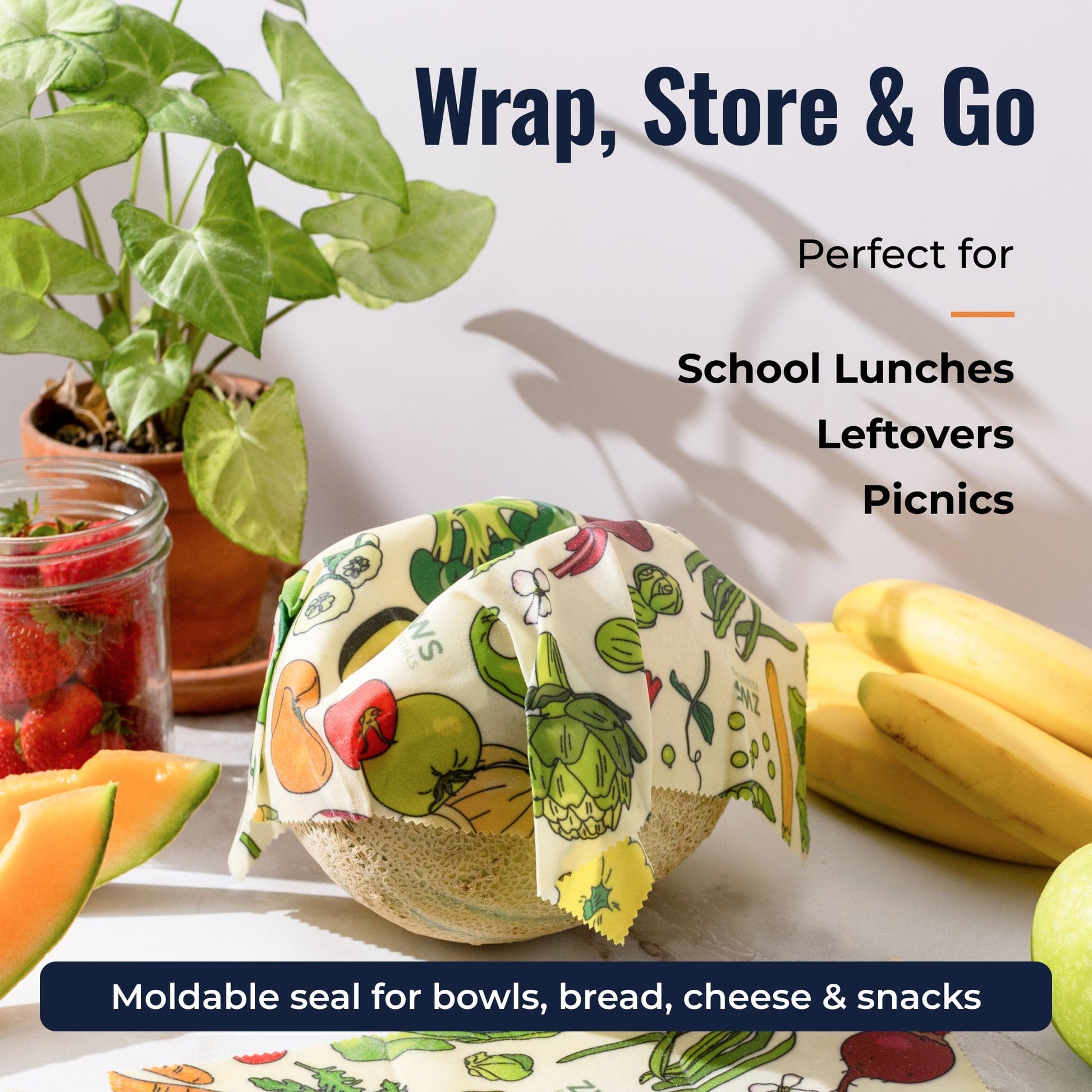Beeswax wraps from ZeroWasteStore.com with colorful veggie pattern, eco-friendly plastic-free food storage solution.