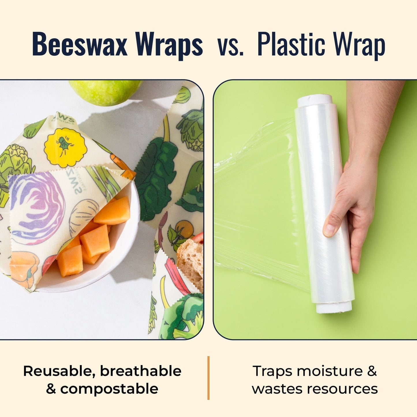 Set of beeswax food wraps with veggie pattern by ZeroWasteStore.com, eco-friendly plastic-free food storage solution.