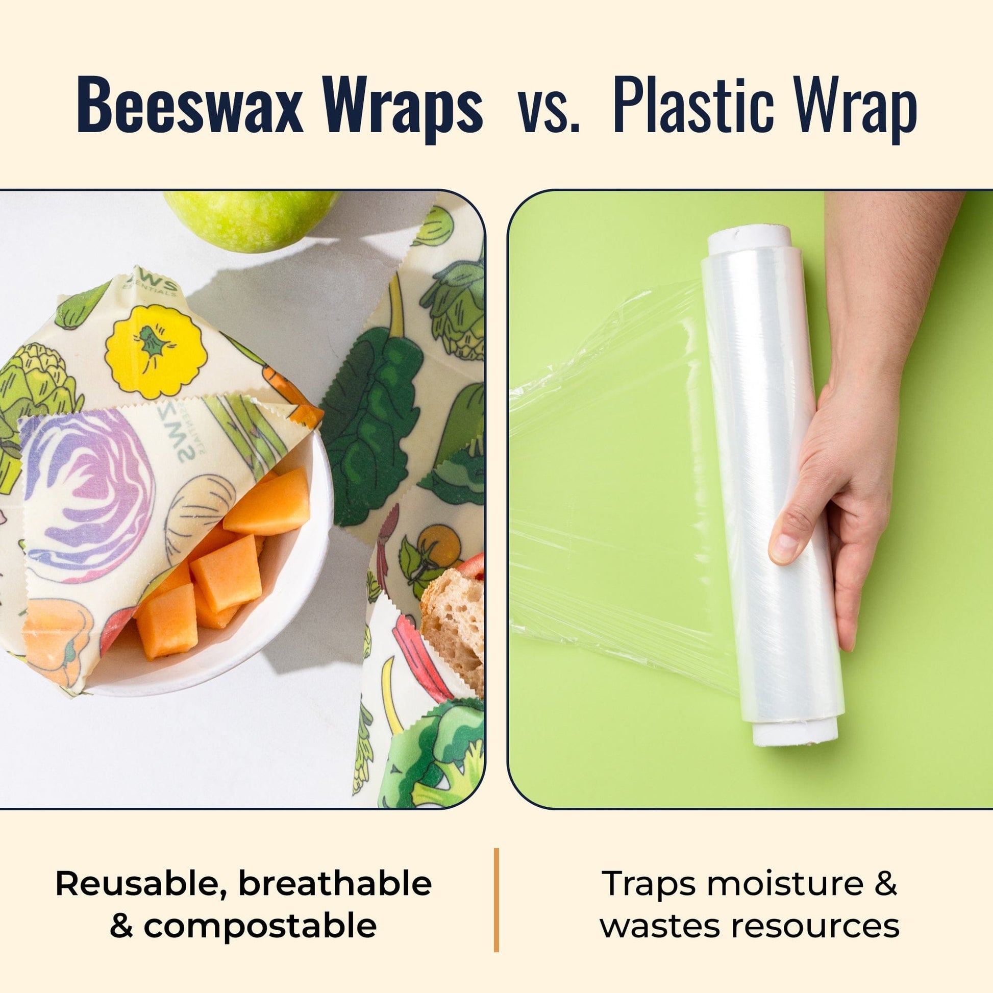 Set of beeswax food wraps with veggie pattern by ZeroWasteStore.com, eco-friendly plastic-free food storage solution.