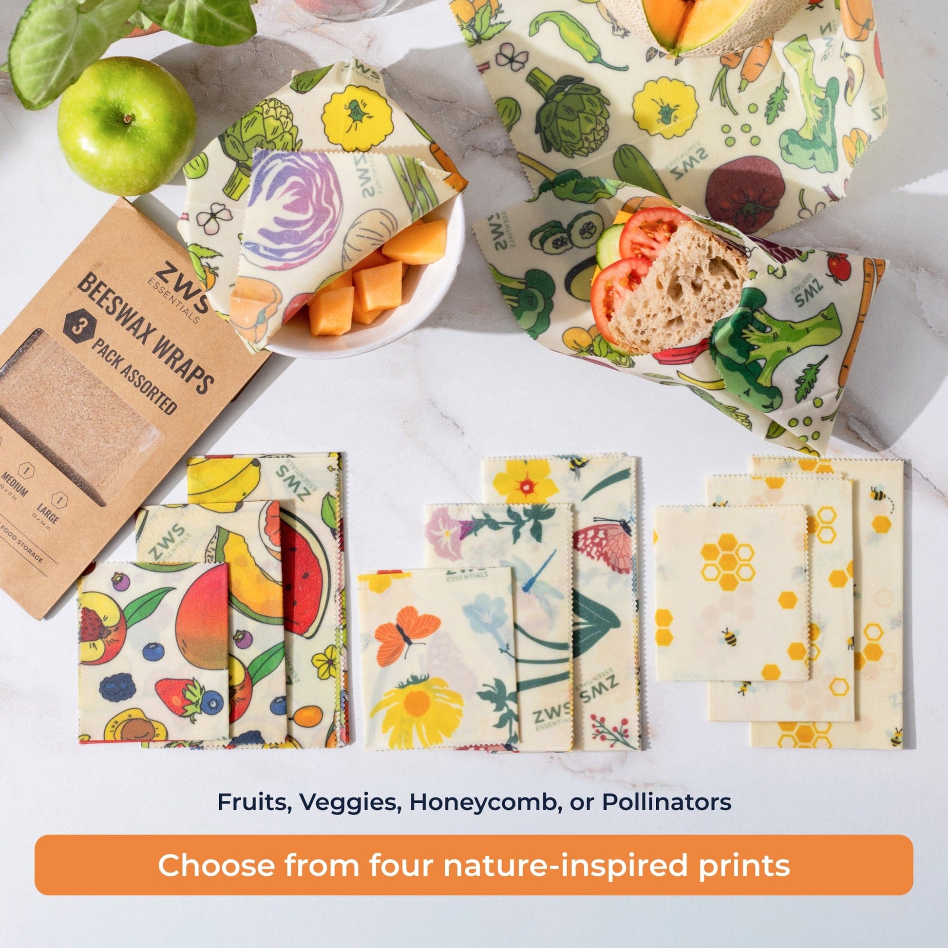 Colorful beeswax wraps with veggie pattern from ZeroWasteStore.com, reusable plastic-free food storage wraps on a white background.