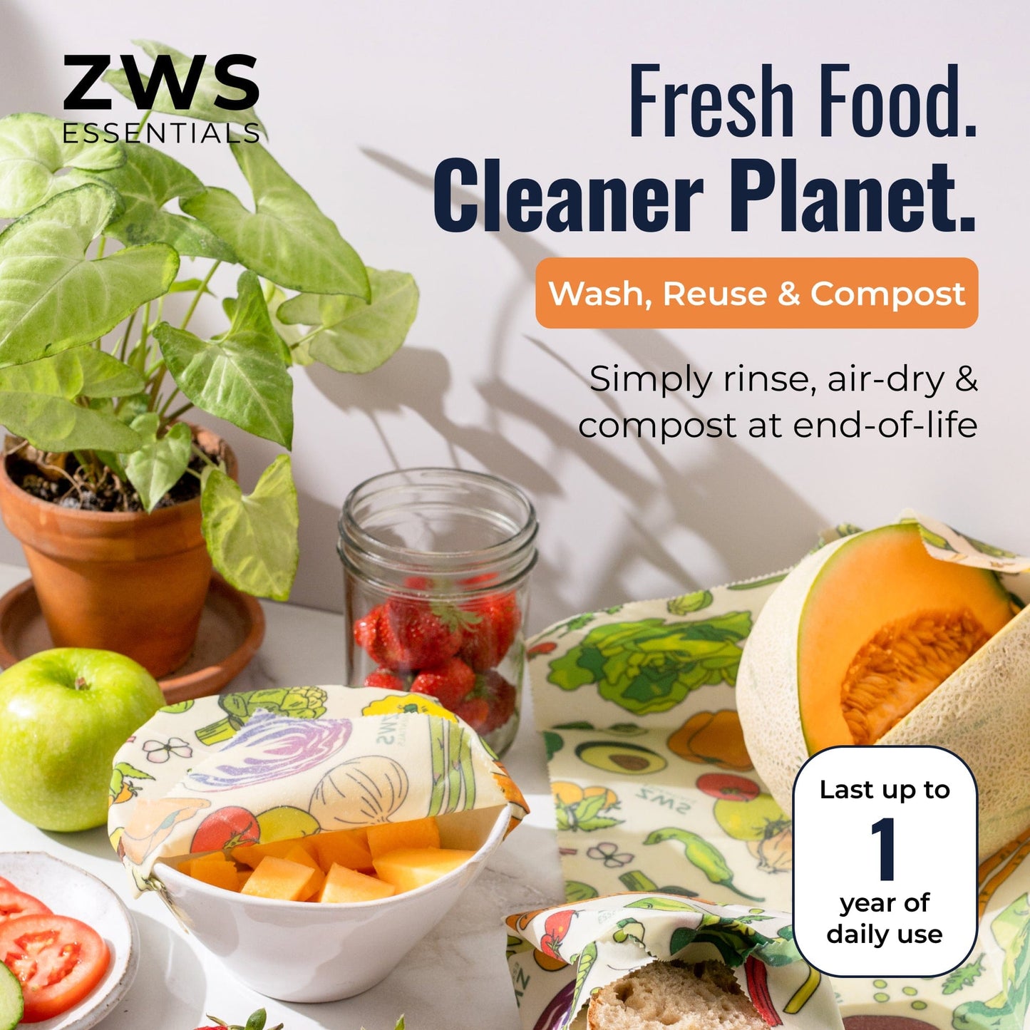 Set of beeswax food wraps with veggie pattern from ZeroWasteStore.com, reusable plastic-free food storage wraps on a white background.
