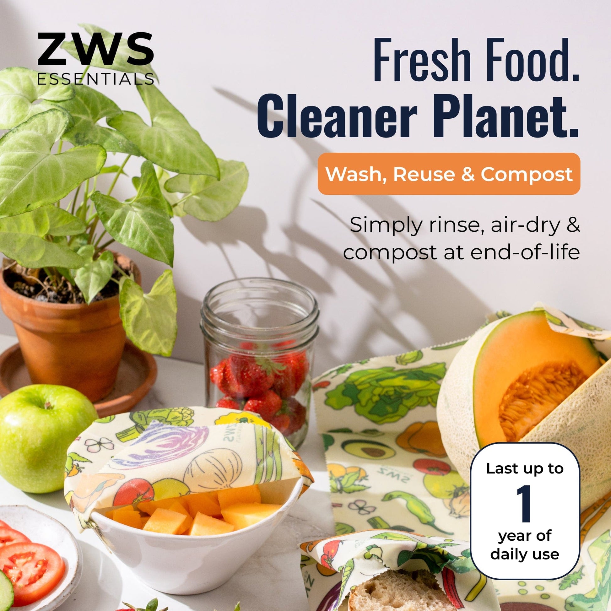Set of beeswax food wraps with veggie pattern from ZeroWasteStore.com, reusable plastic-free food storage wraps on a white background.