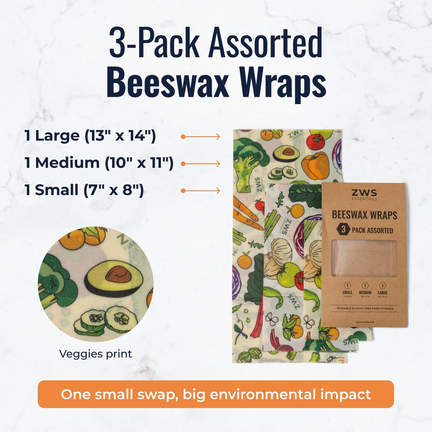 Set of three plastic-free beeswax food wraps with veggie pattern in assorted sizes, ideal for eco-friendly food storage.