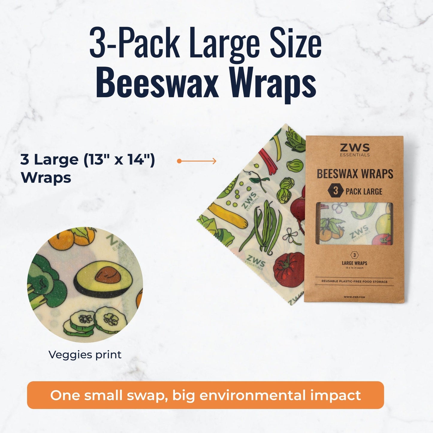 Set of three large beeswax food wraps with colorful veggie pattern for plastic-free food storage by ZeroWasteStore.com