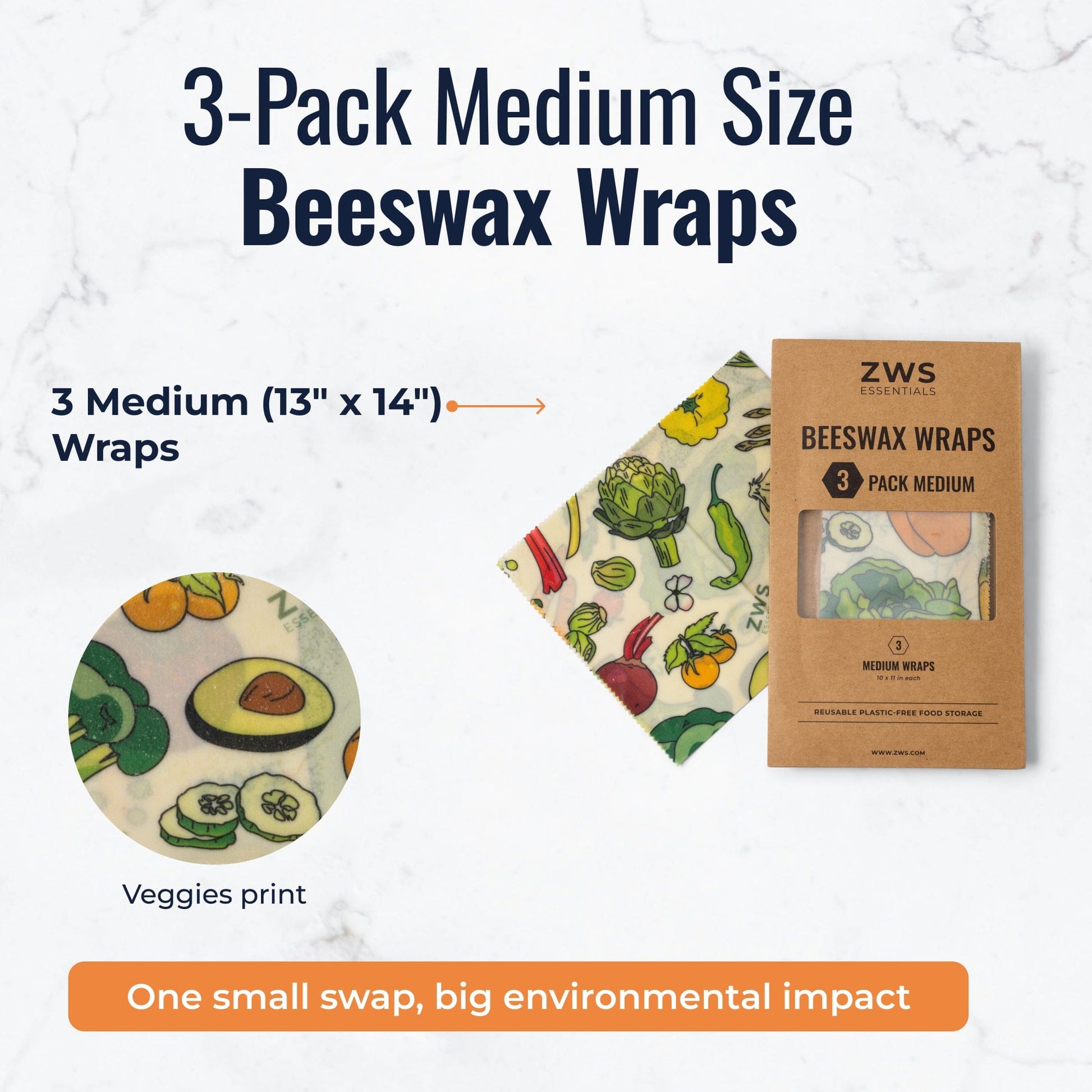 Set of three medium beeswax wraps with veggie pattern from ZeroWasteStore.com, plastic-free food storage for fresh produce.