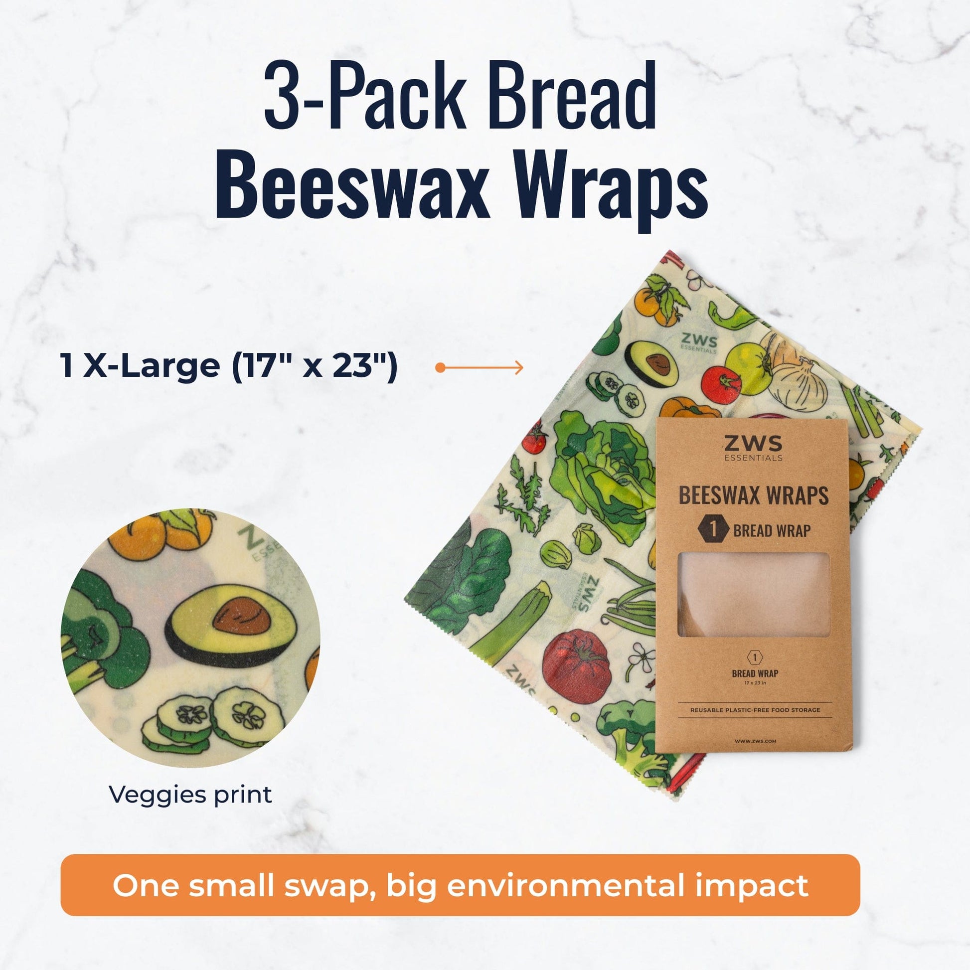 Beeswax wraps from ZeroWasteStore.com with veggie pattern, eco-friendly food storage wraps in various sizes.