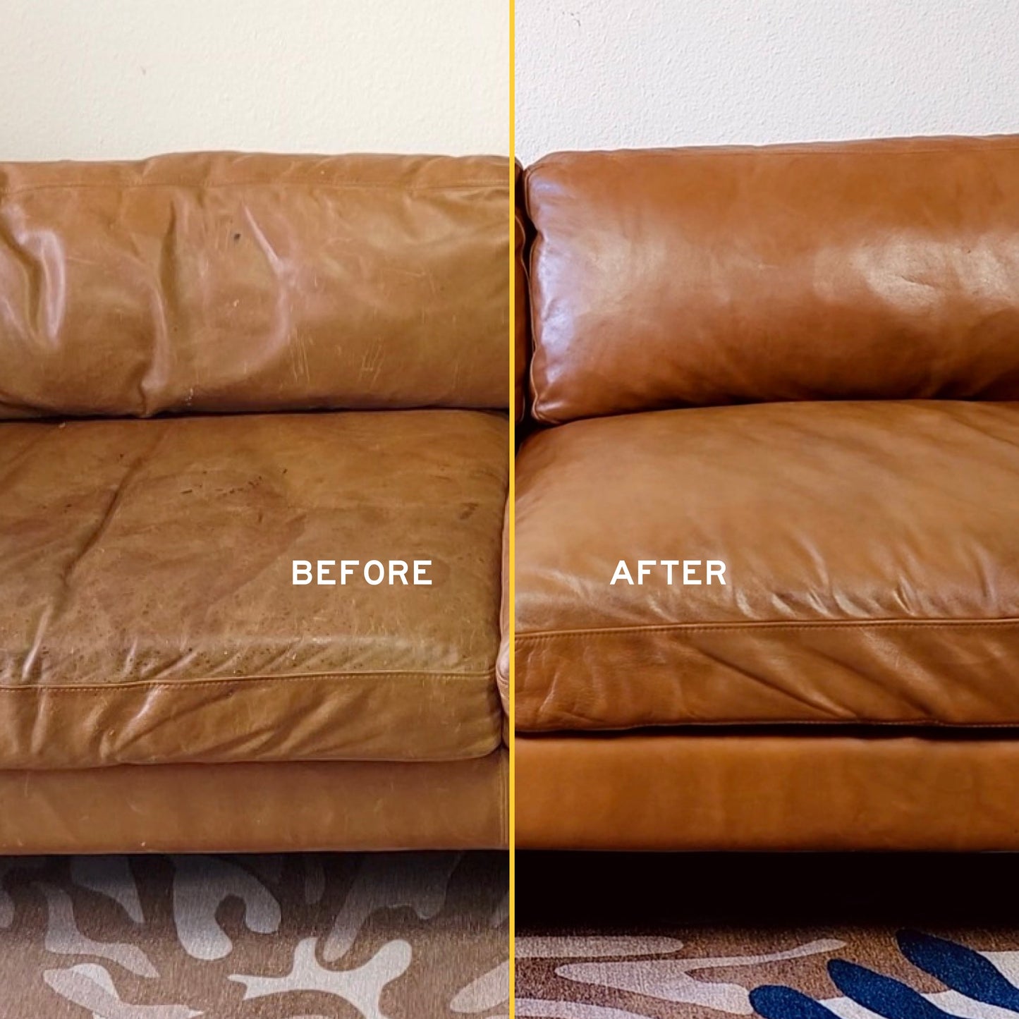 Leather Honey Leather Care Wipes in a 10-pack shown with a sofa before and after cleaning, demonstrating effective leather care results.