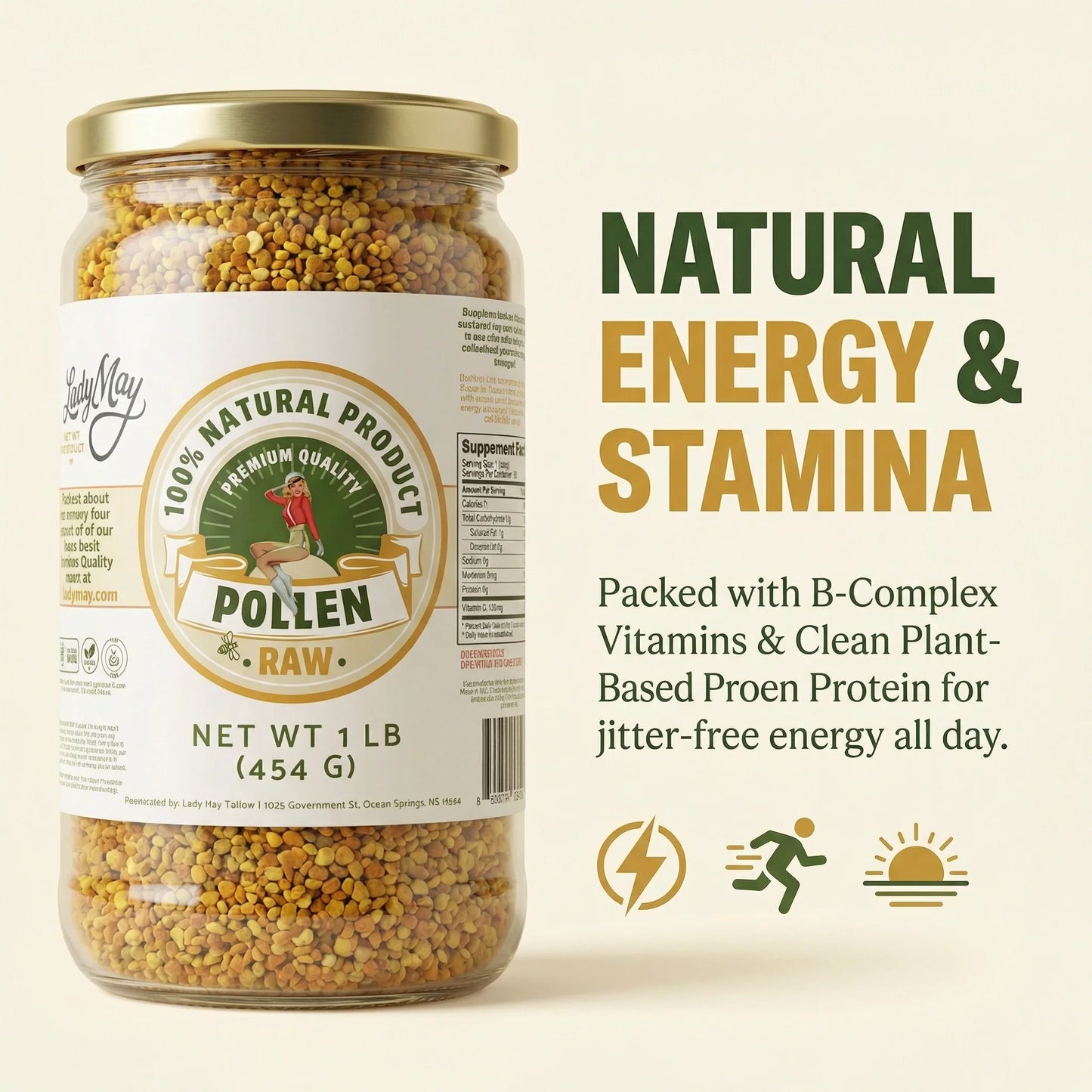 A jar of 1 pound bee pollen from The Lady May, showcasing golden bee pollen granules, a superfood supplement for energy and health.