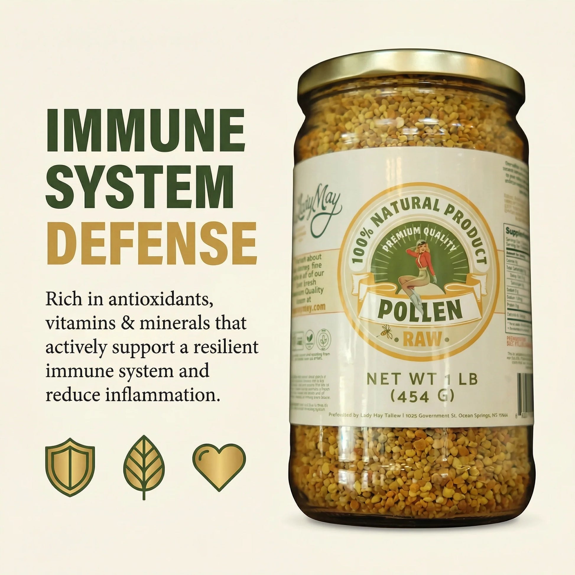A 1-pound jar of The Lady May Bee Pollen, a superfood supplement, showing golden bee pollen granules in a clear container.