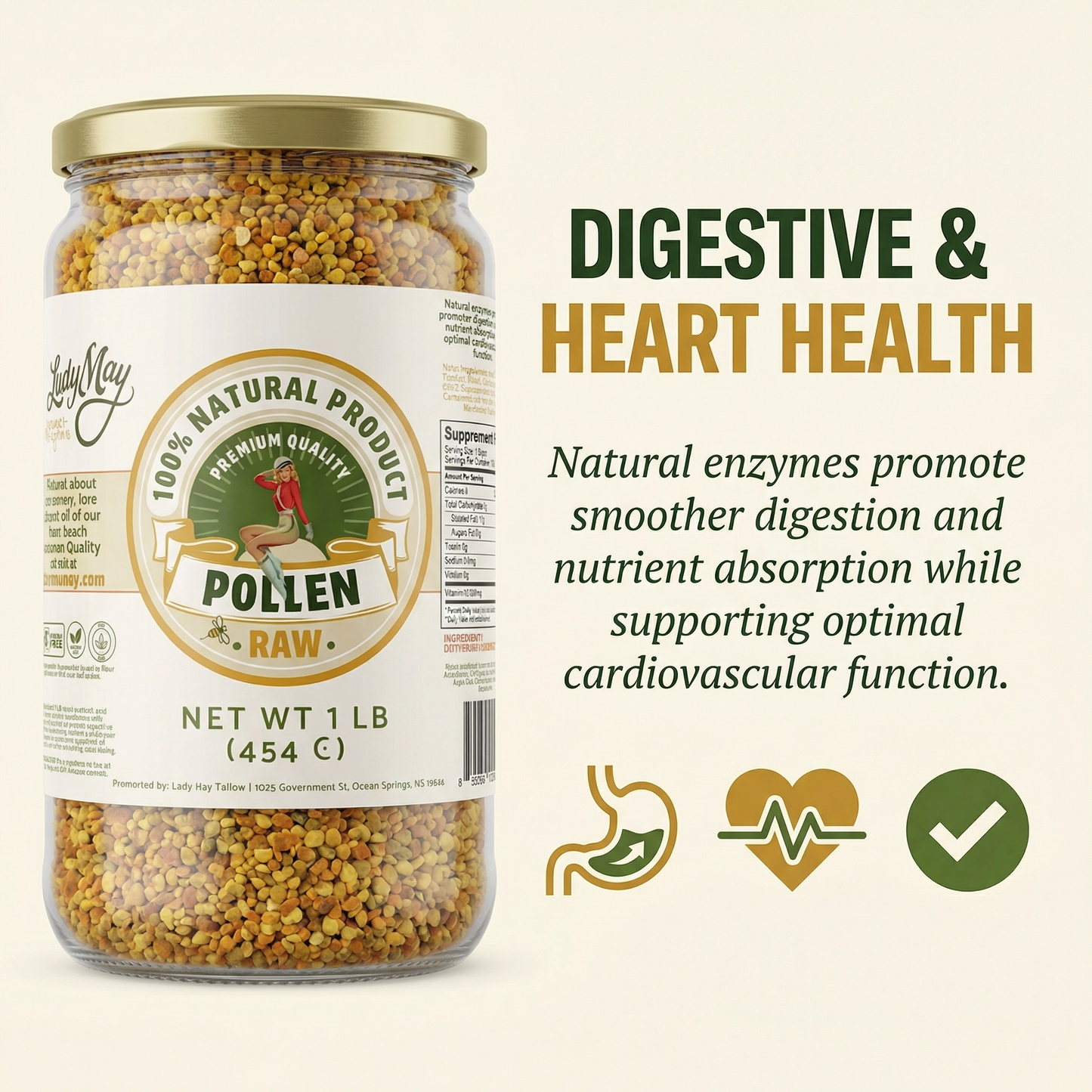A jar of The Lady May 1 Pound Bee Pollen, a superfood supplement, showing bee pollen granules and natural benefits for digestion.