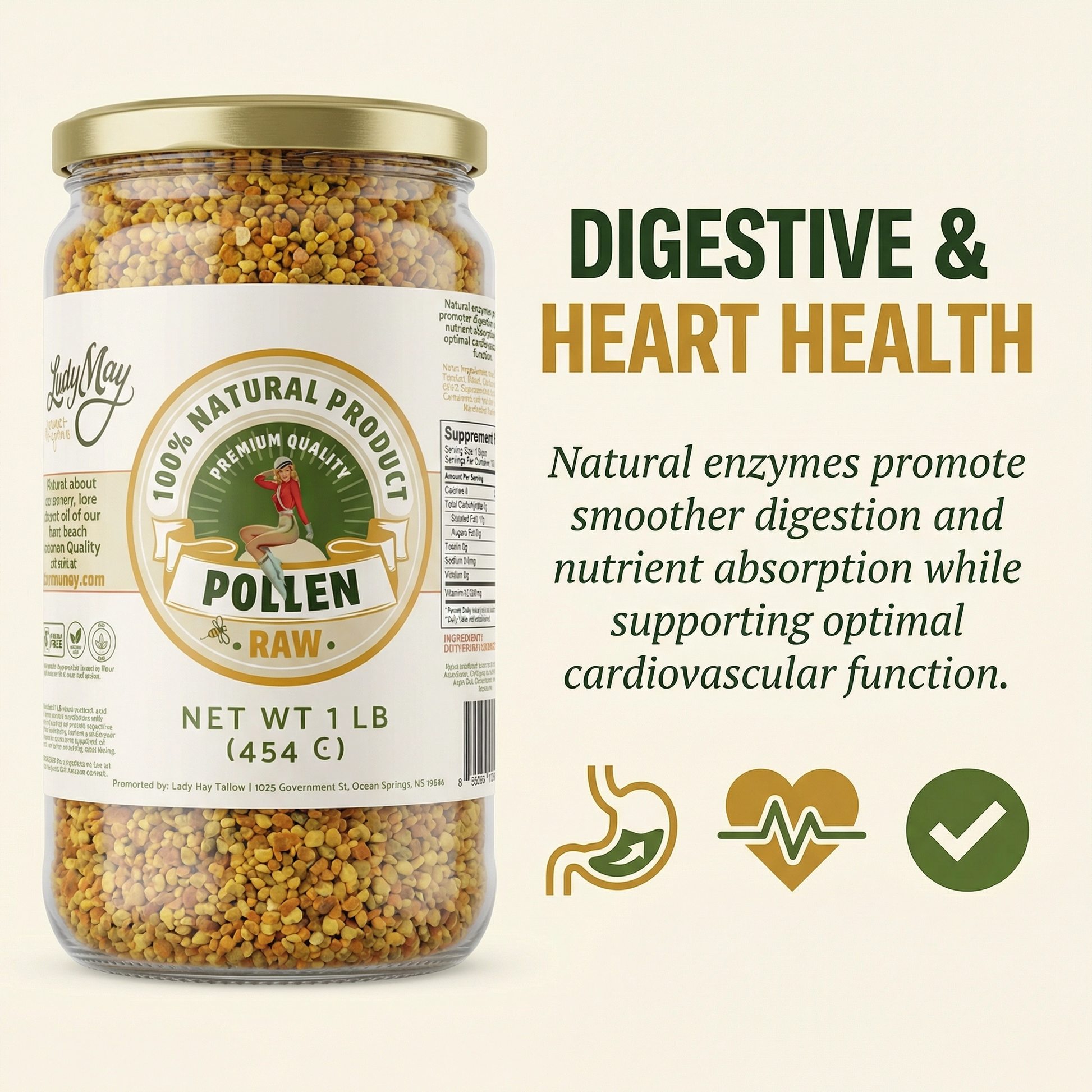 A jar of The Lady May 1 Pound Bee Pollen, a superfood supplement, showing bee pollen granules and natural benefits for digestion.