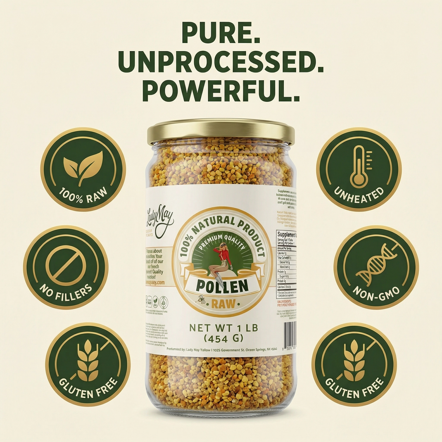 Pure 1 pound of bee pollen from The Lady May, highlighting fresh, natural superfood supplement with vibrant bee pollen granules.