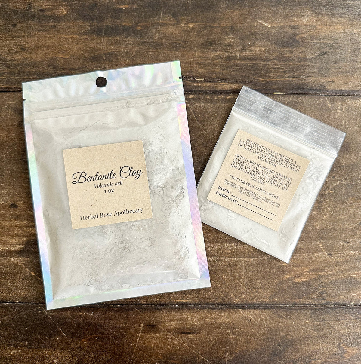 HerbalRoseApothecary Bentonite Clay Powder in a labeled jar, showing fine, natural greenish-brown powder for skincare and detox.