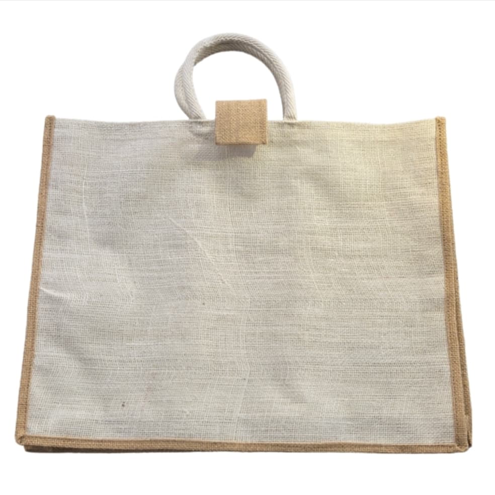 Vintage style MicRic jute cotton tote bag with large pocket, perfect for shopping and casual use.