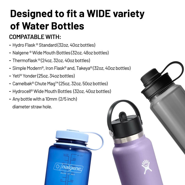 Epic Water Filters USA The Answer 2.0 reusable bottle compatible with Hydro Flask and Nalgene, shown with infographic on white background.