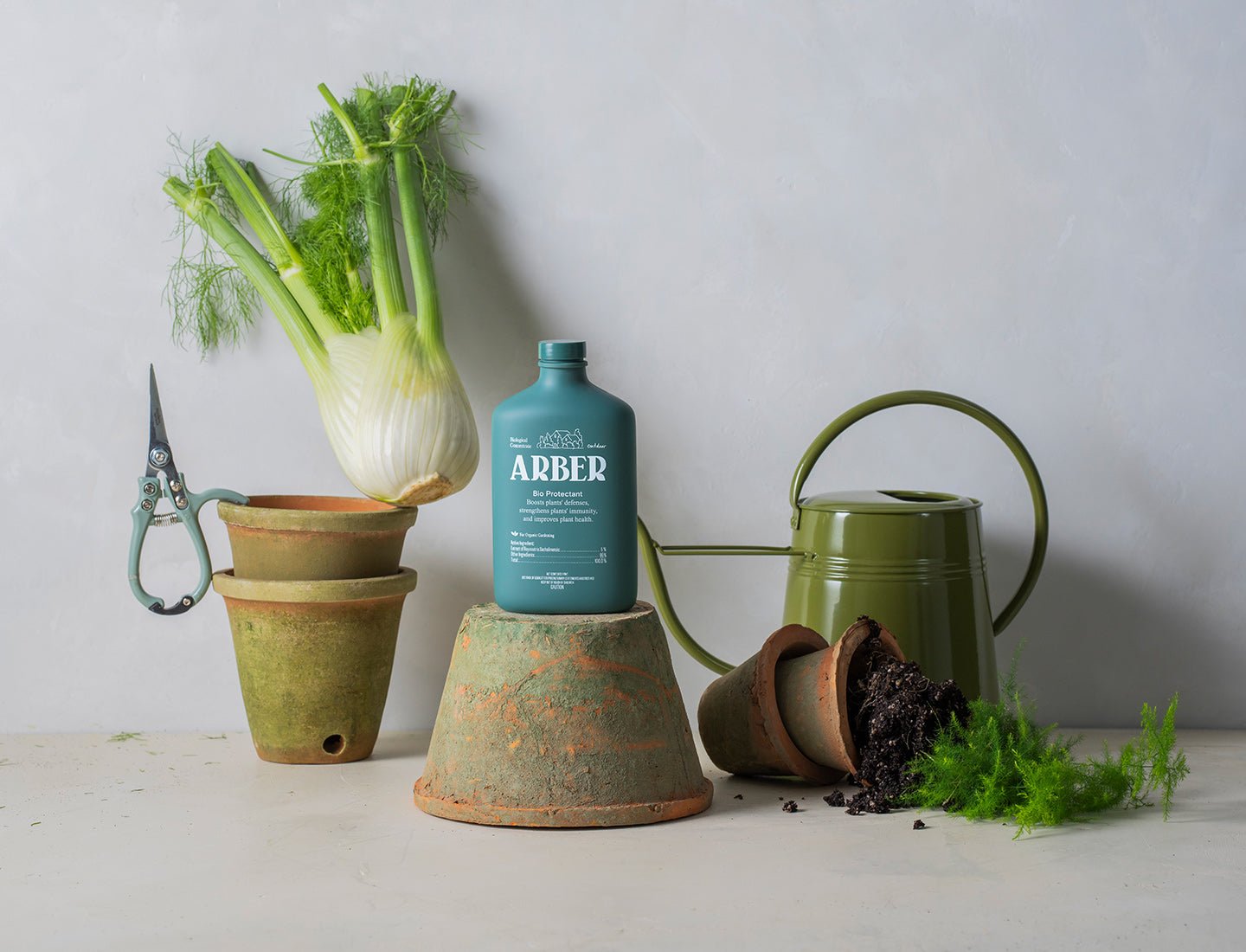 A bottle of Arber Organic Bio Protectant rests among fennel bulbs, stacked terracotta pots, garden scissors, a green watering can, spilled soil, and fennel fronds on a light surface with a gray background.