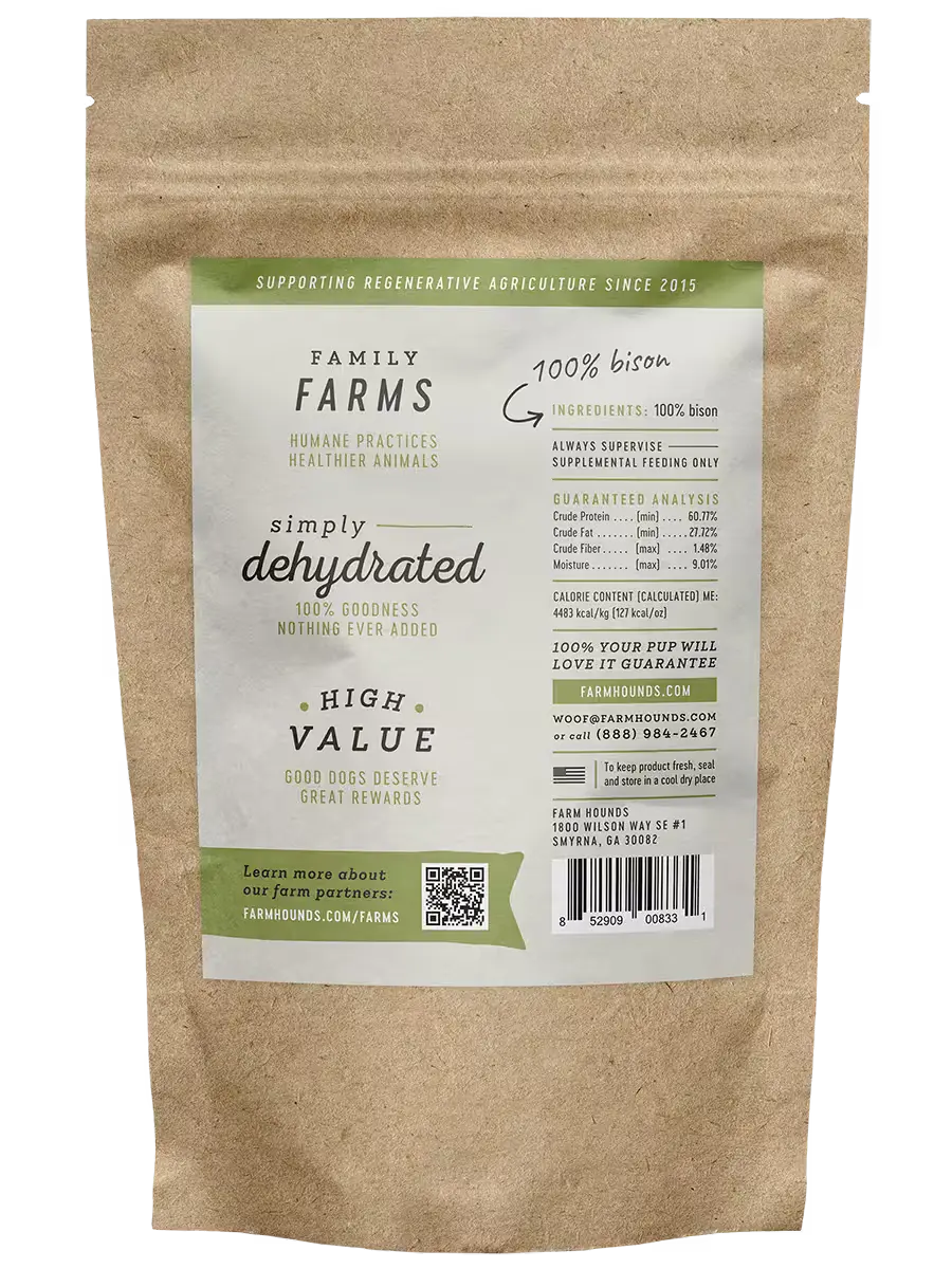 Back view of Farm Hounds Bison Strips, natural beef jerky strips made from high-quality bison meat.