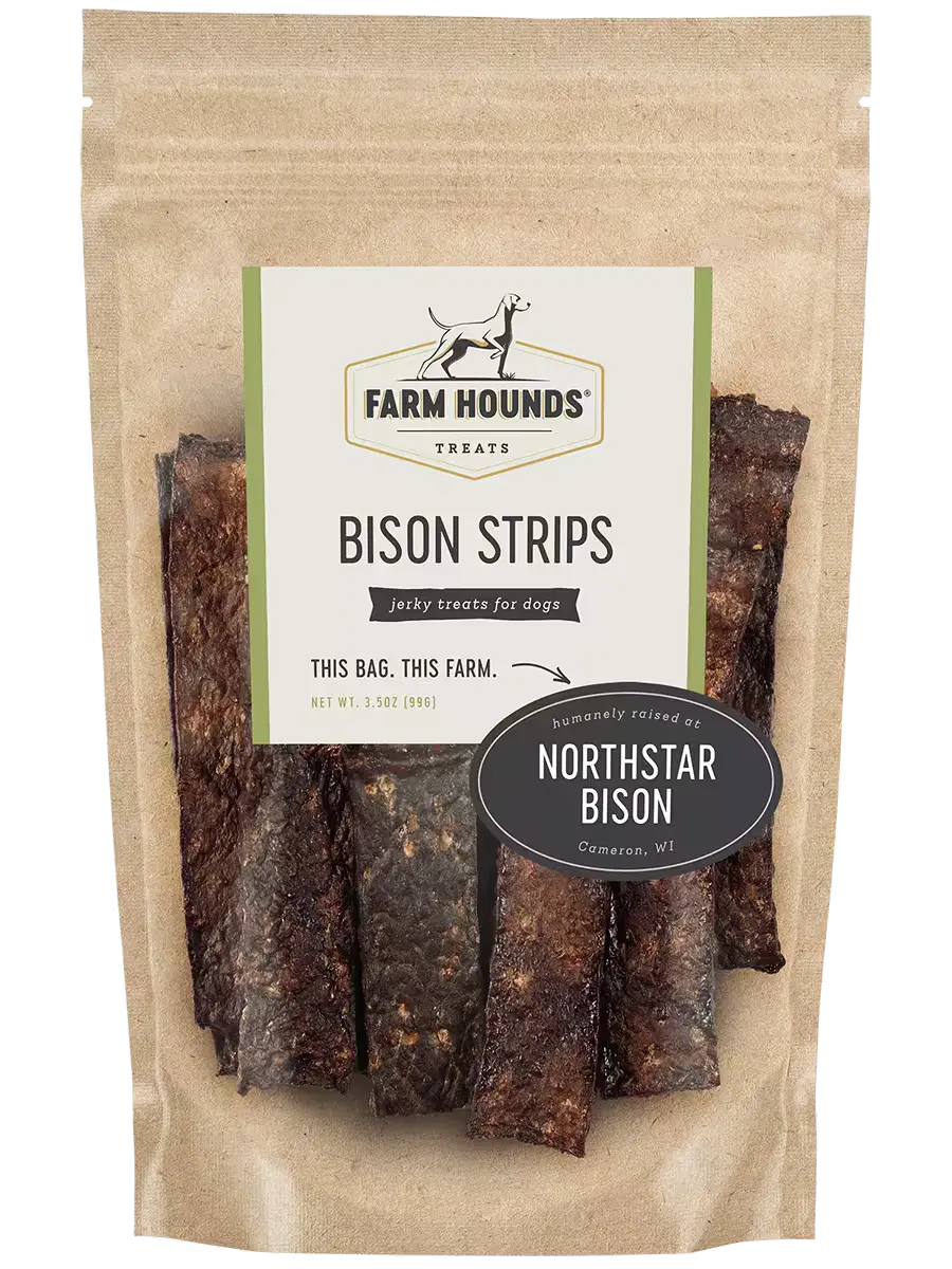 Farm Hounds Bison Strips, front view showing tender, natural bison meat strips in a clear packaging.