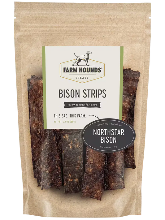 Farm Hounds Bison Strips, front view showing tender, natural bison meat strips in a clear packaging.