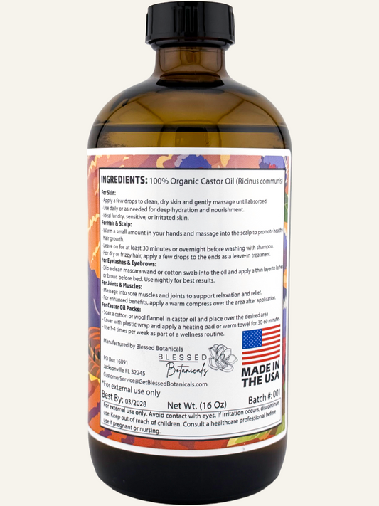 Organic castor oil bottle from Blessed Botanicals with a back label, ideal for beauty skincare and hair care applications.