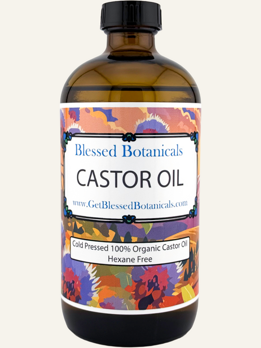 Cold-pressed organic castor oil from Blessed Botanicals in a glass bottle, ideal for beauty skincare and hair treatments.