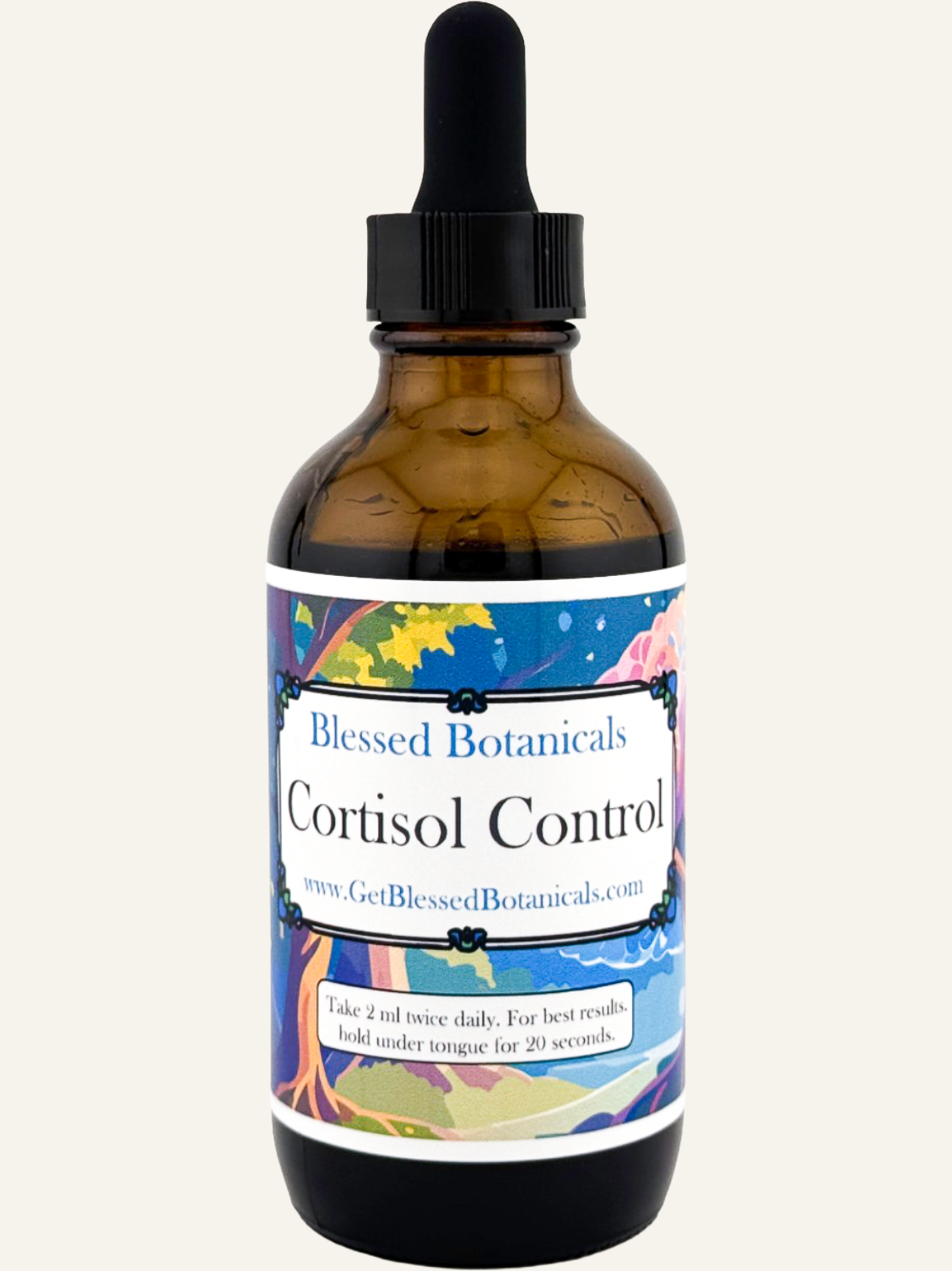 Bottle of Blessed Botanicals Organic Cortisol Control herbal supplement with dropper for stress relief and hormone balance.