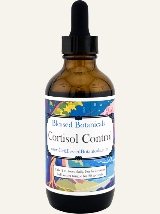 Bottle of Blessed Botanicals Organic Cortisol Control herbal supplement with dropper for stress relief and hormone balance.