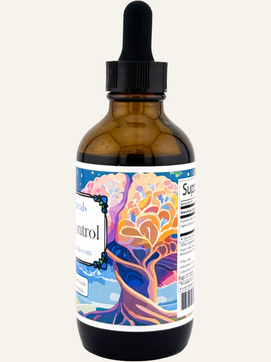 Blessed Botanicals Organic Cortisol Control herbal supplement label showing supplement facts and product branding.