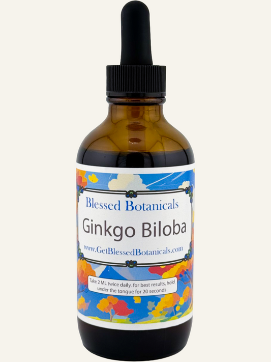 Organic Ginkgo Biloba herbal supplement from Blessed Botanicals in a dropper bottle, showcasing the supplement's packaging and dropper cap.