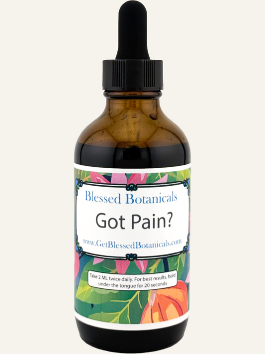 Organic Got Pain? herbal pain support supplement by Blessed Botanicals, featuring natural extract in a herbal supplement bottle.