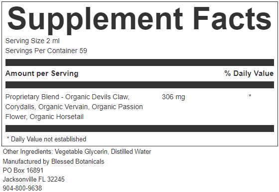 Close-up of Blessed Botanicals Organic Got Pain? herbal supplement bottle with label detailing pain support extract.