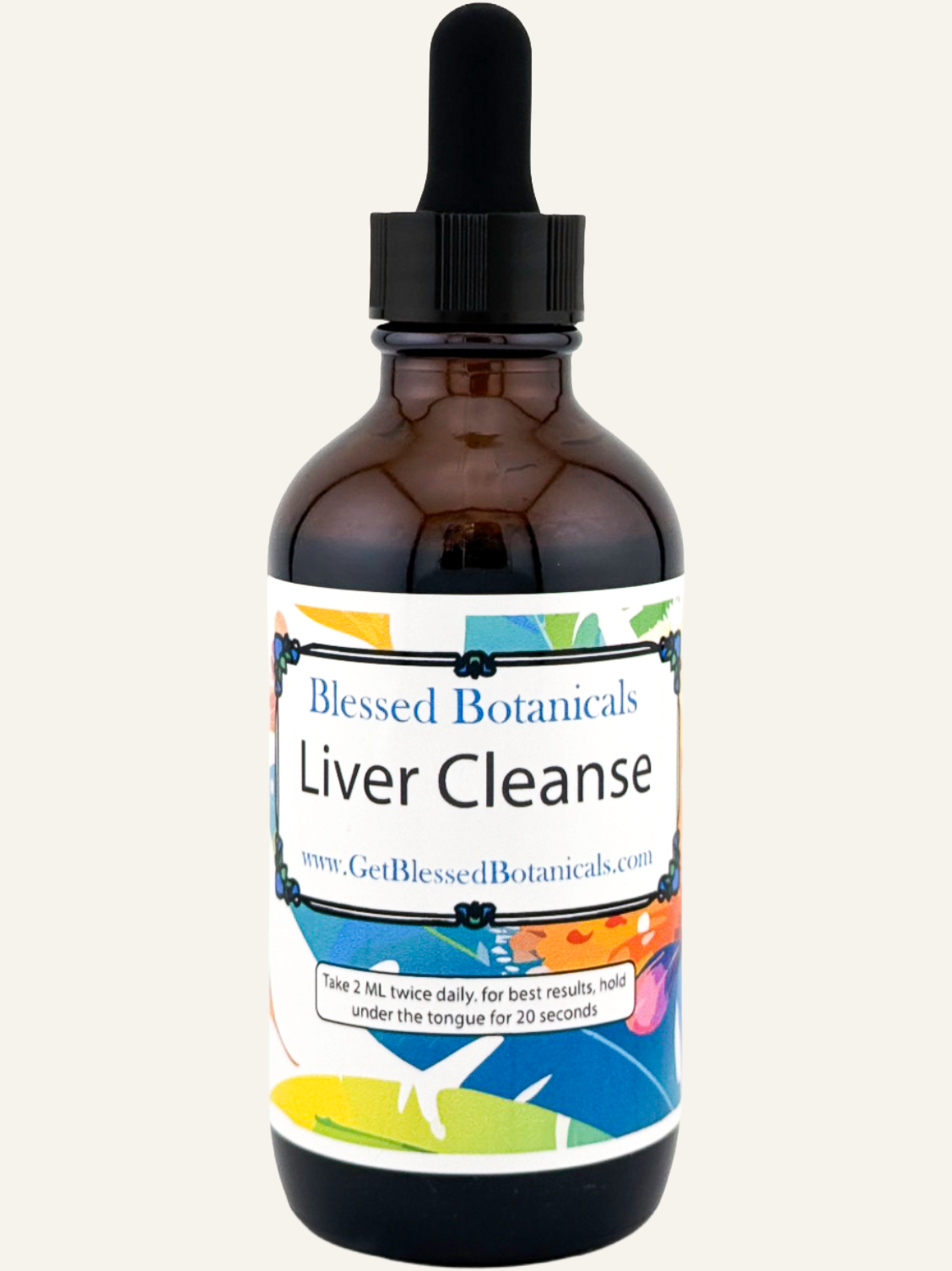 Organic Liver Cleanse herbal tincture by Blessed Botanicals, featuring fresh herbs in a glass bottle for detox and liver health.