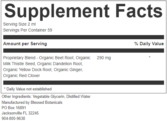 Close-up of Blessed Botanicals Organic Liver Cleanse supplement facts label showing ingredients and nutritional information.