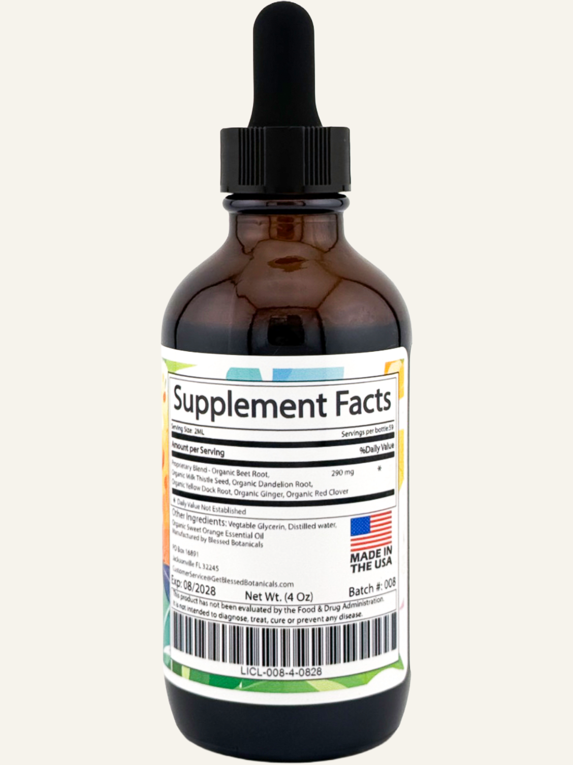 Image showing supplement facts for Blessed Botanicals Organic Liver Cleanse, featuring ingredients and nutritional information.